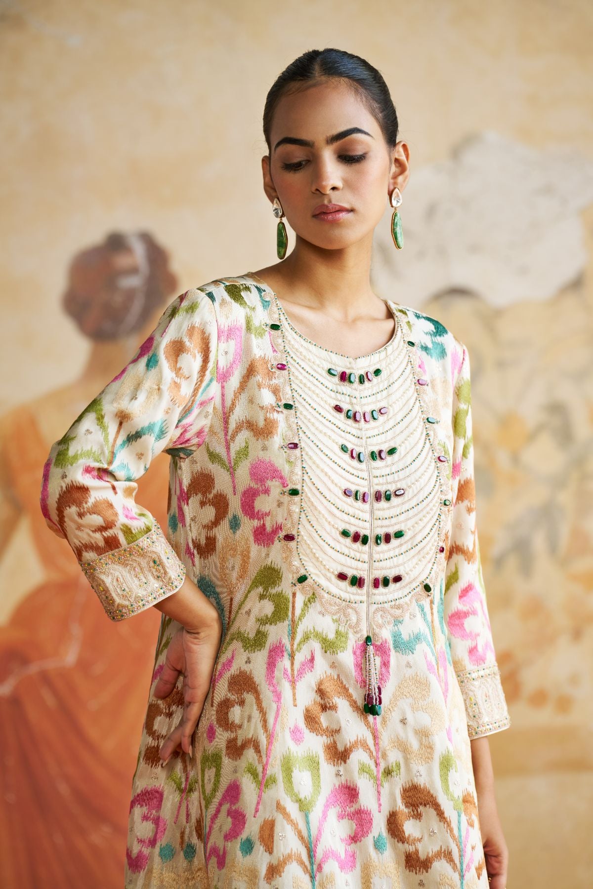 Ikkat peplum short kurta set.