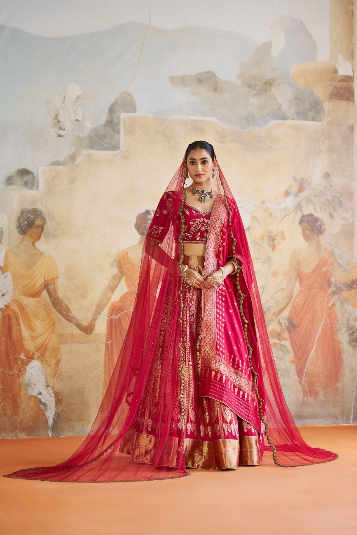 Red banarasi lehenga set