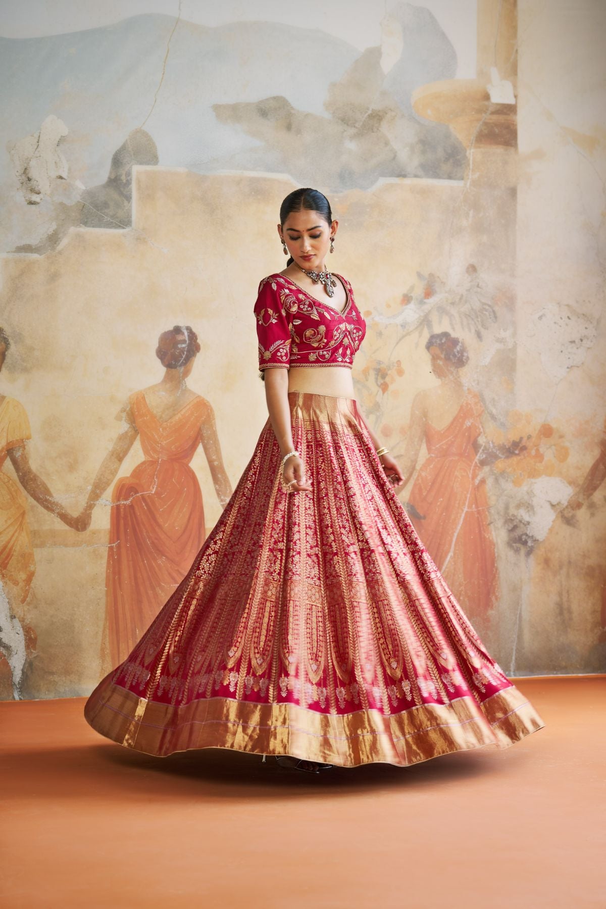 Red banarasi lehenga set