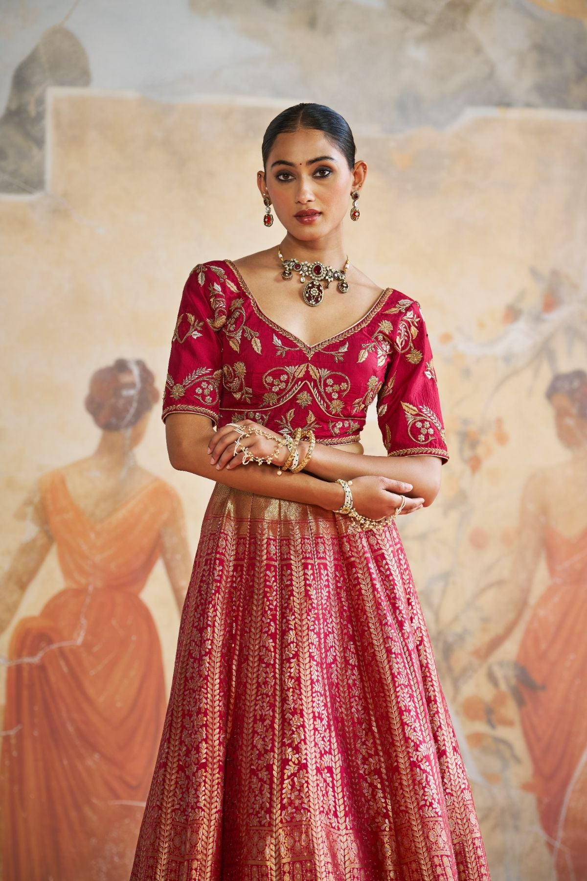 Red Banarasi lehenga set