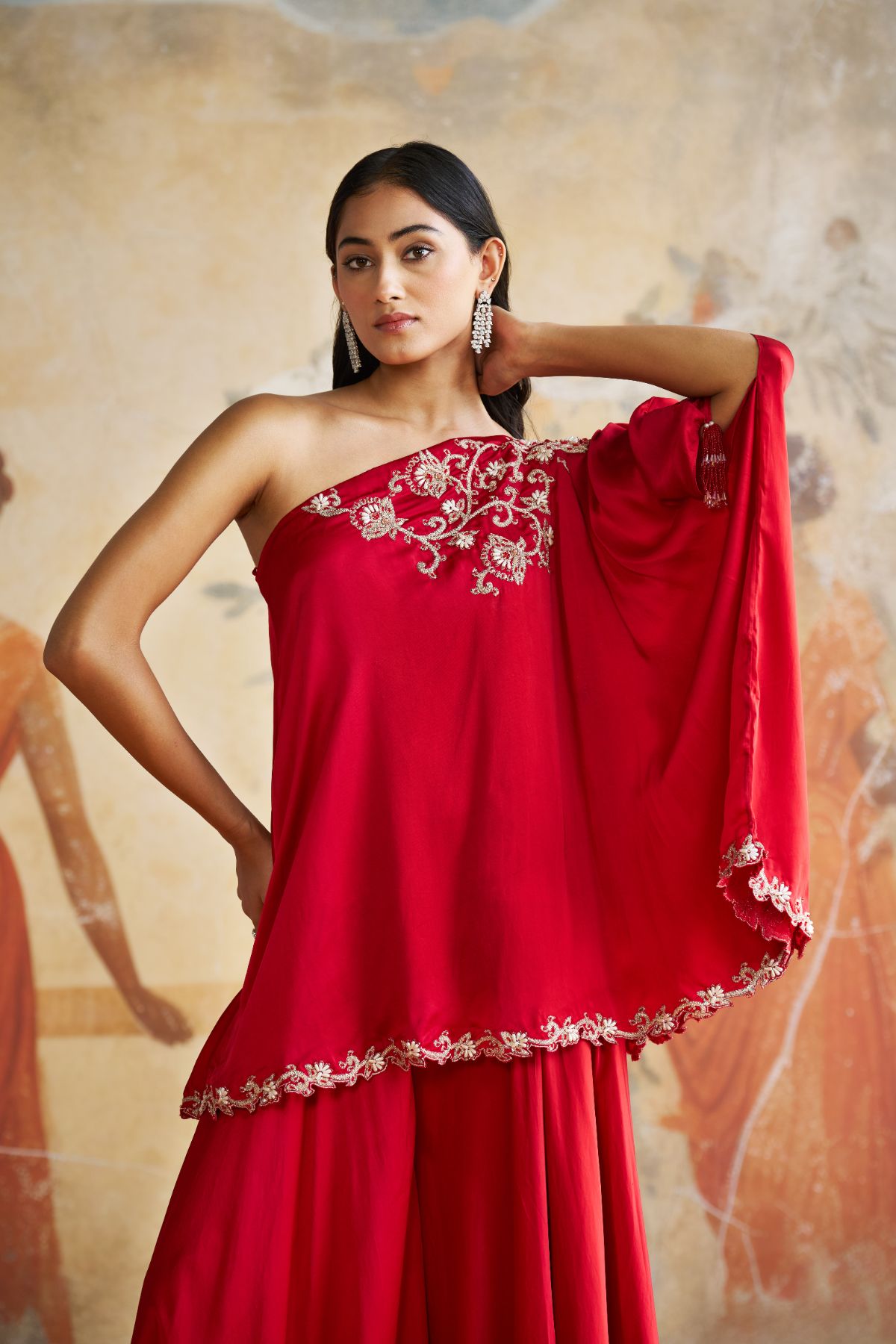 Maroon one shoulder sharara set