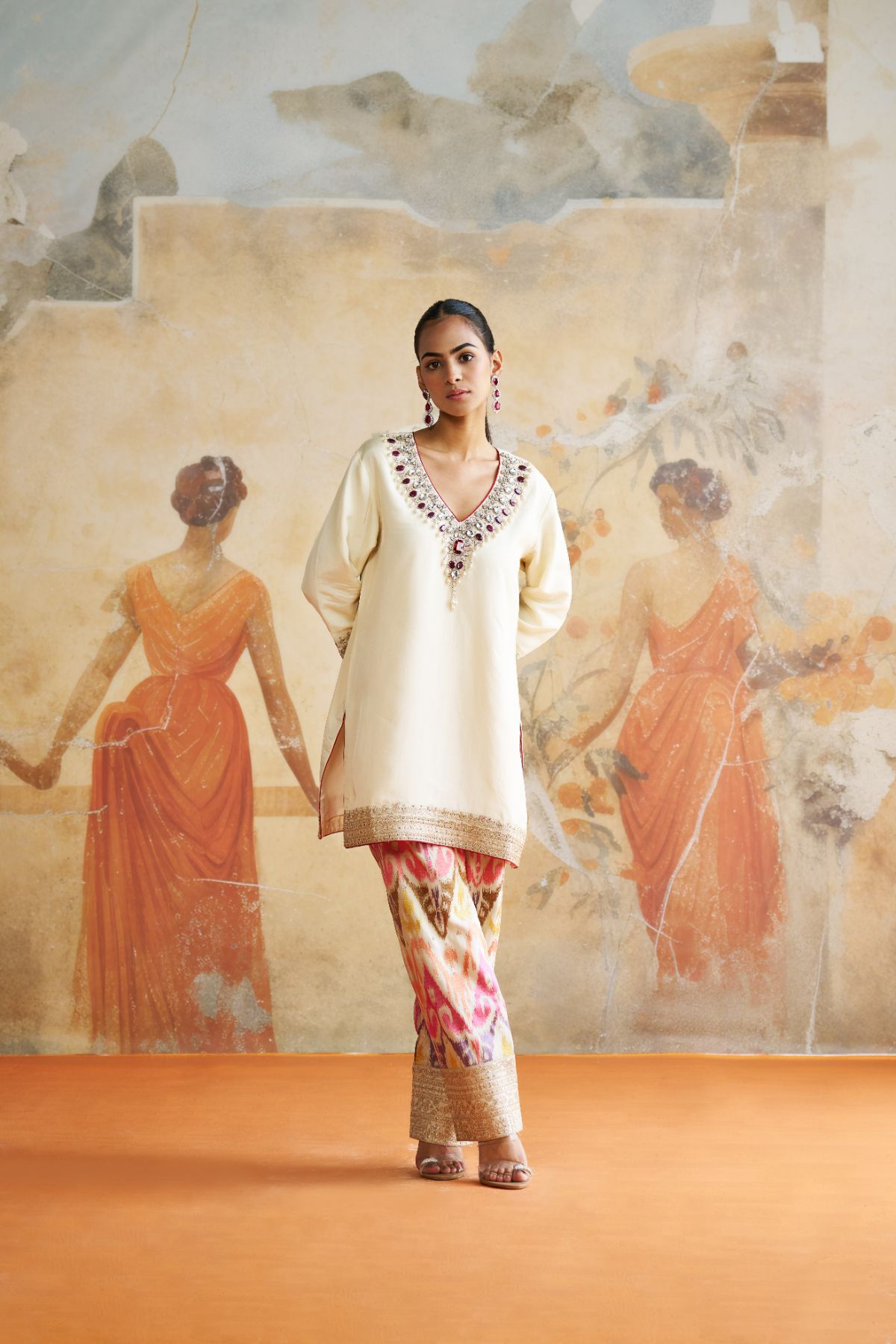 Jeweled short kurta set in red stones