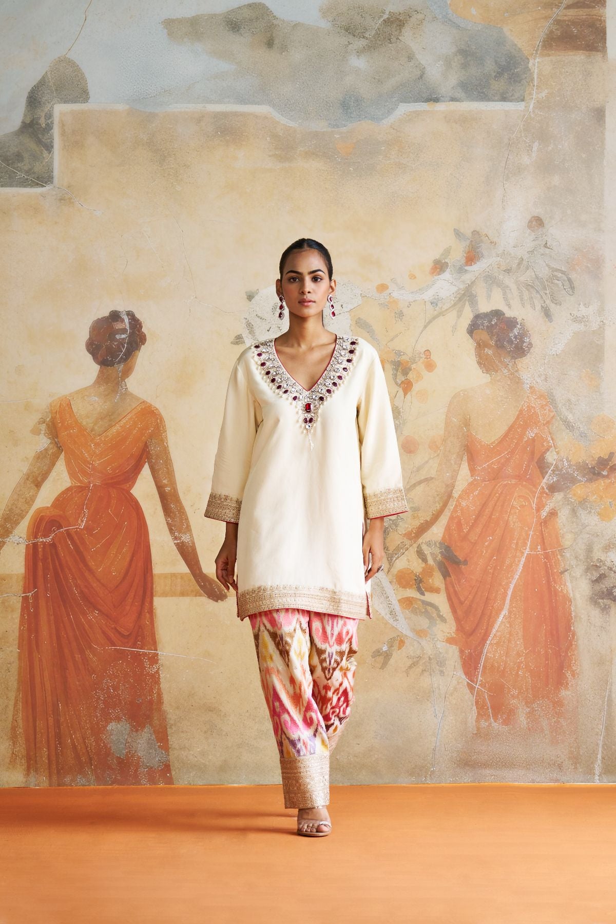 Jeweled short kurta set in red stones