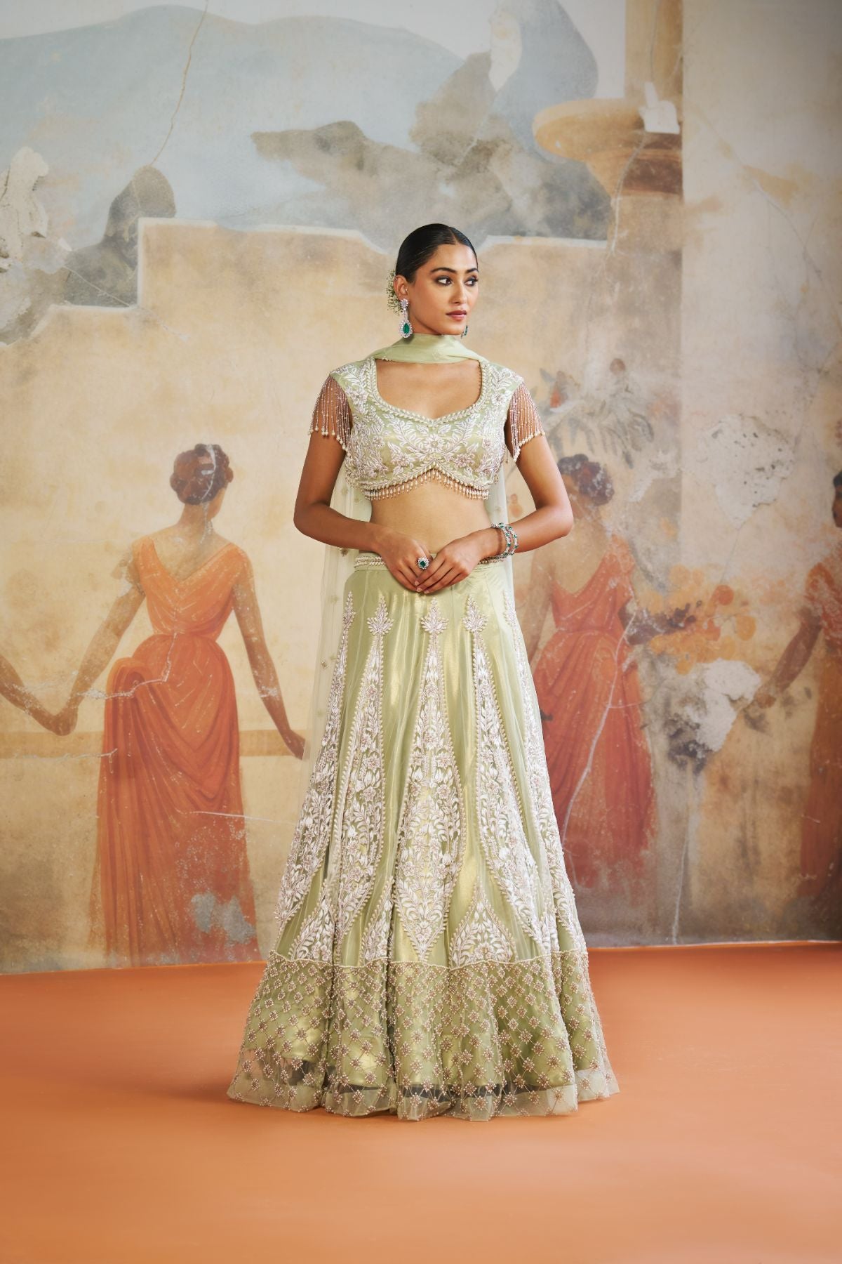 Mint green pearl lehenga set