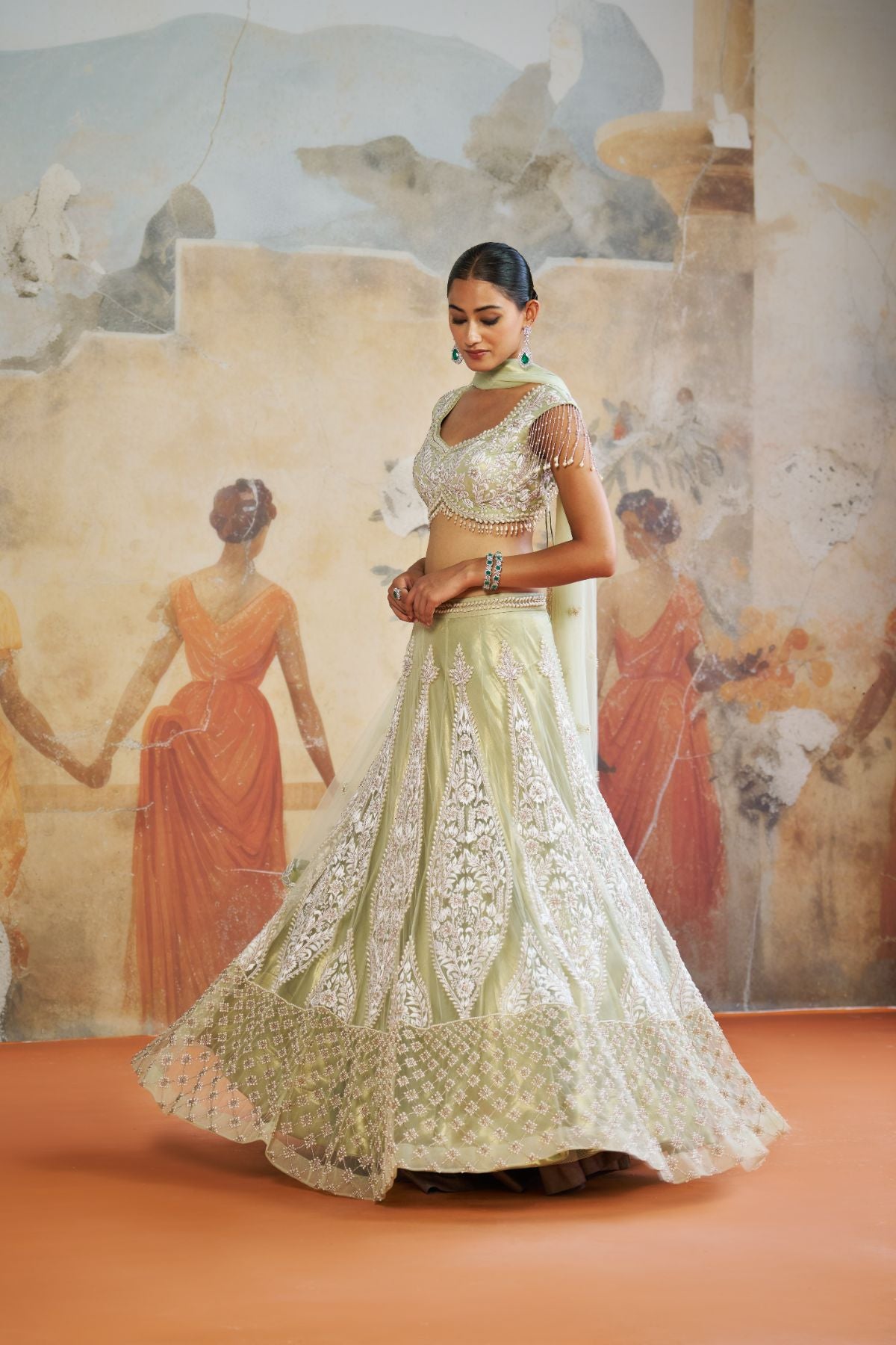 Mint green pearl lehenga set