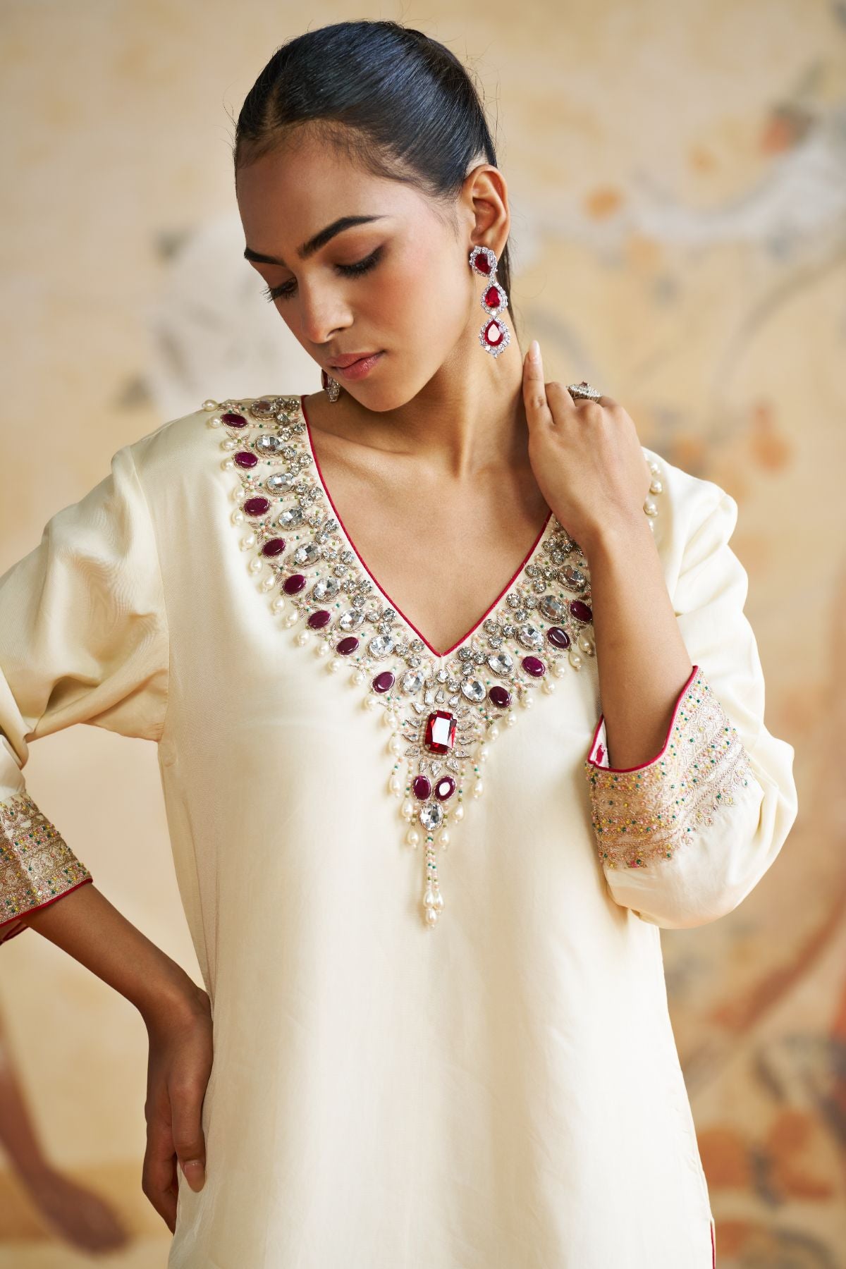 Jeweled short kurta set in red stones