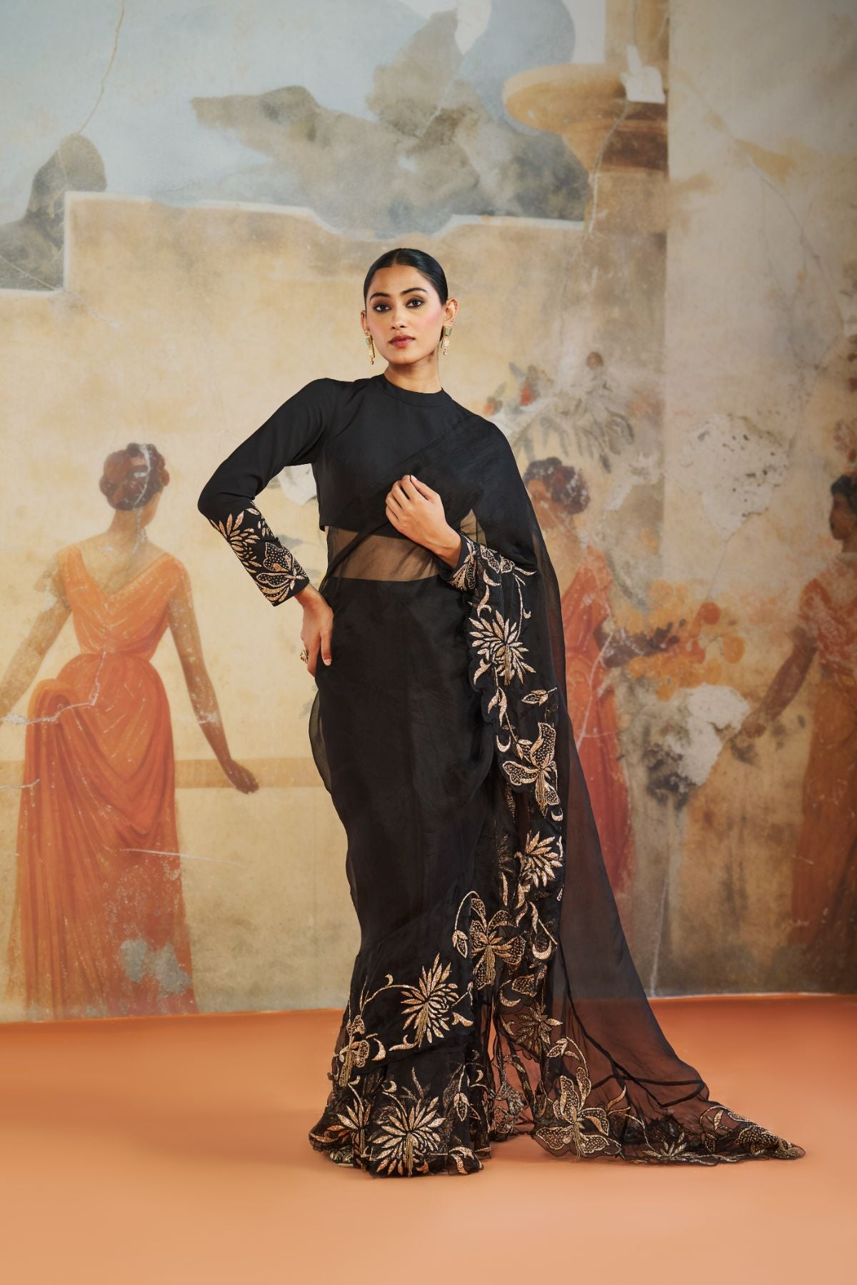 Black ruffle saree set