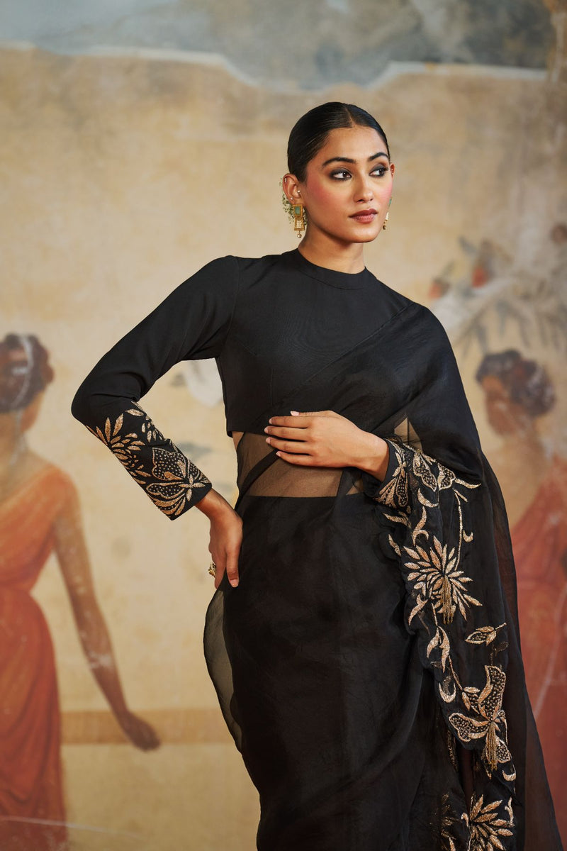 Black ruffle saree set