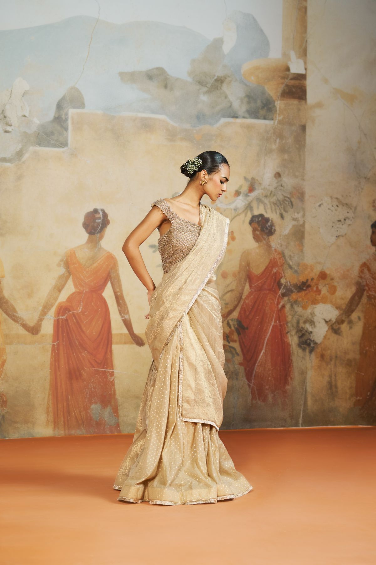 Champagne beige draped sharara set.