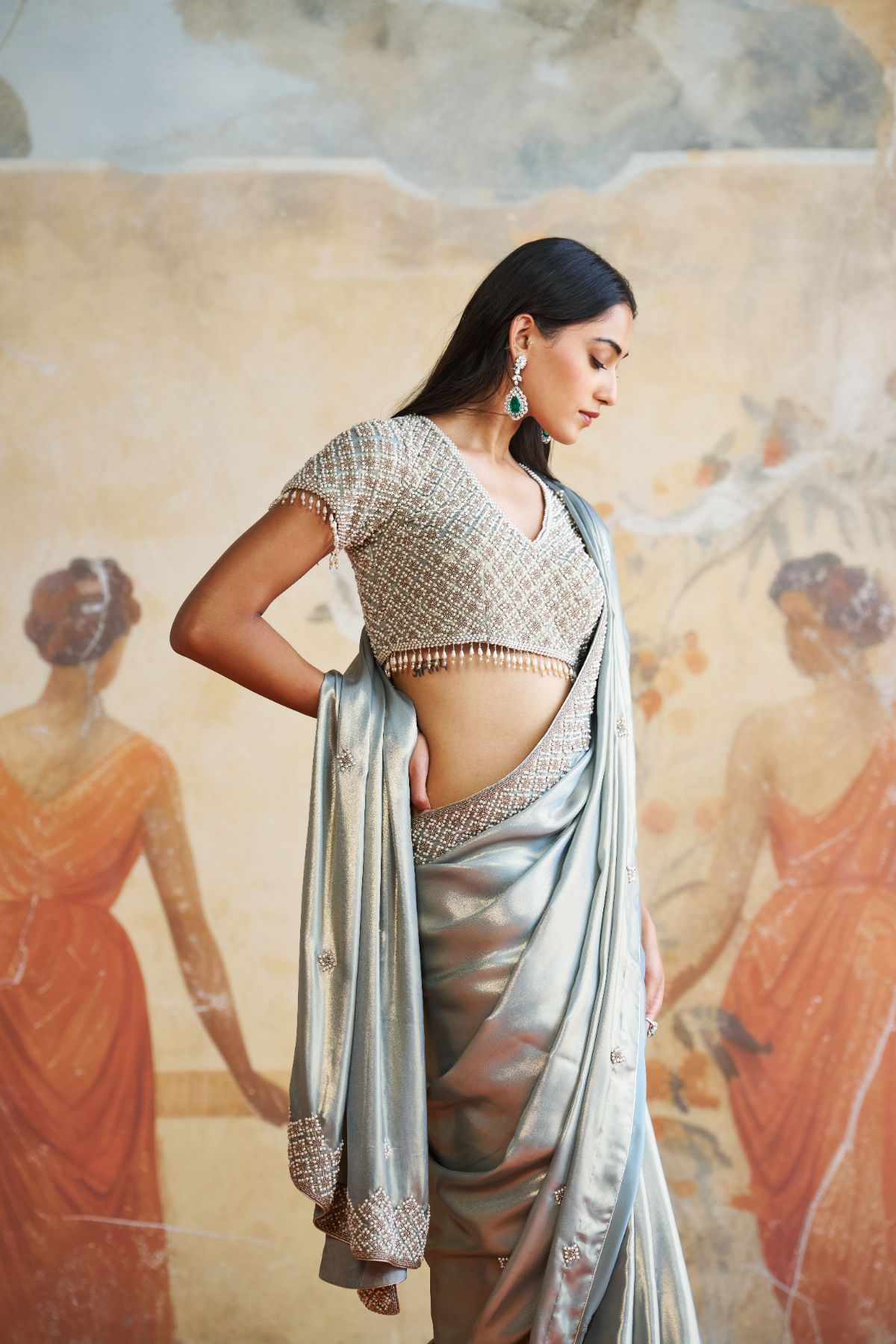 Pearl ash grey saree set