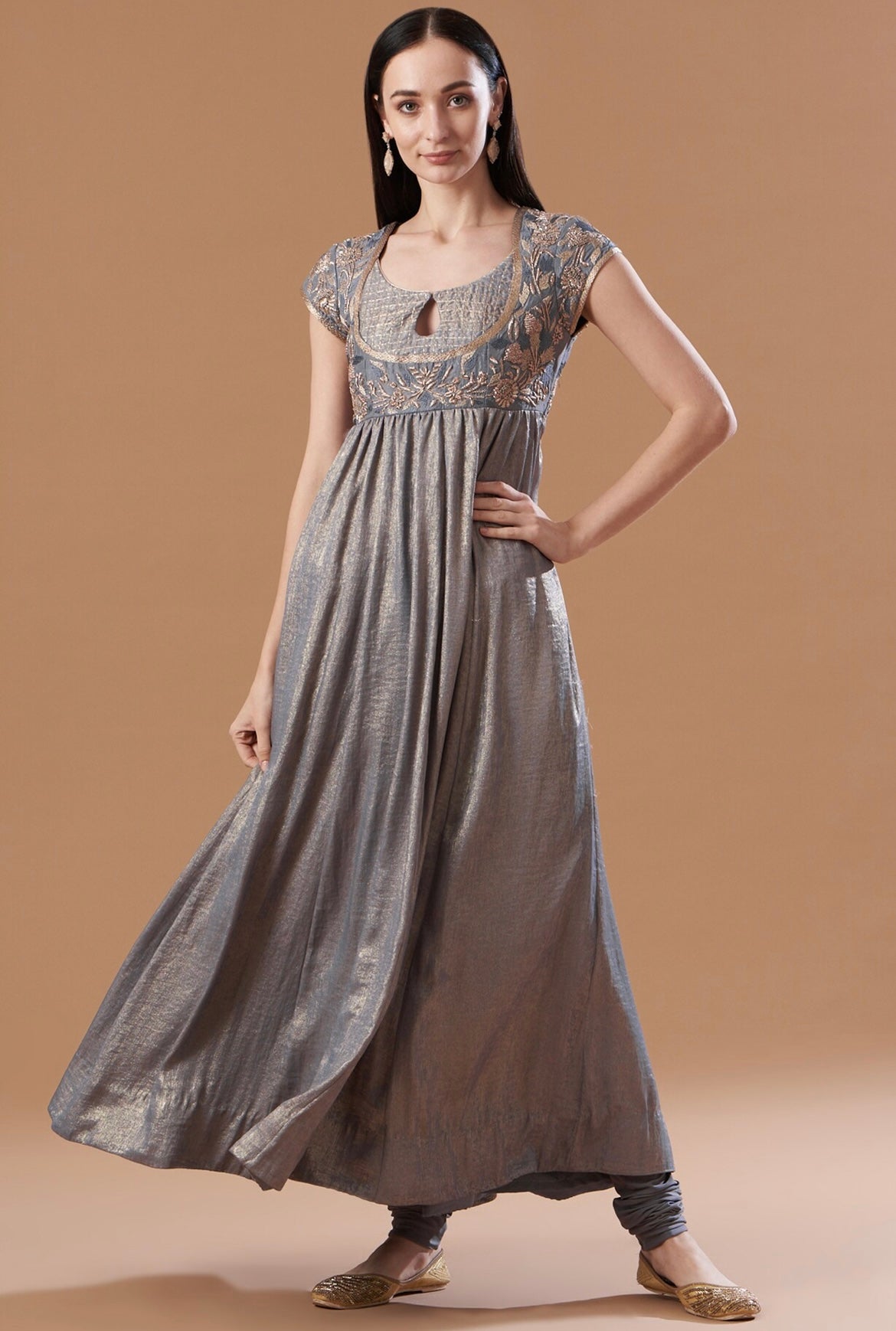 Antique grey hand embroidered anarkali set