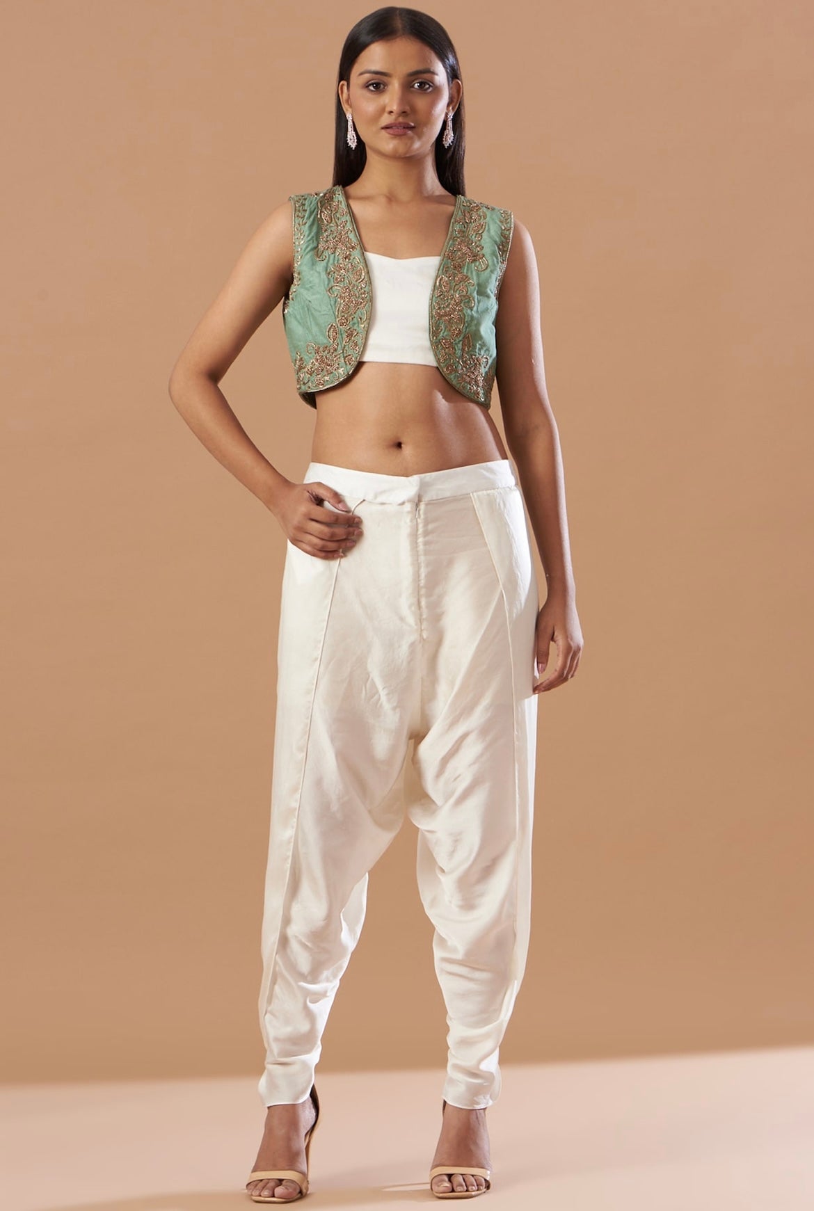 Turquoise embroidered antique bolero with dhoti pant set