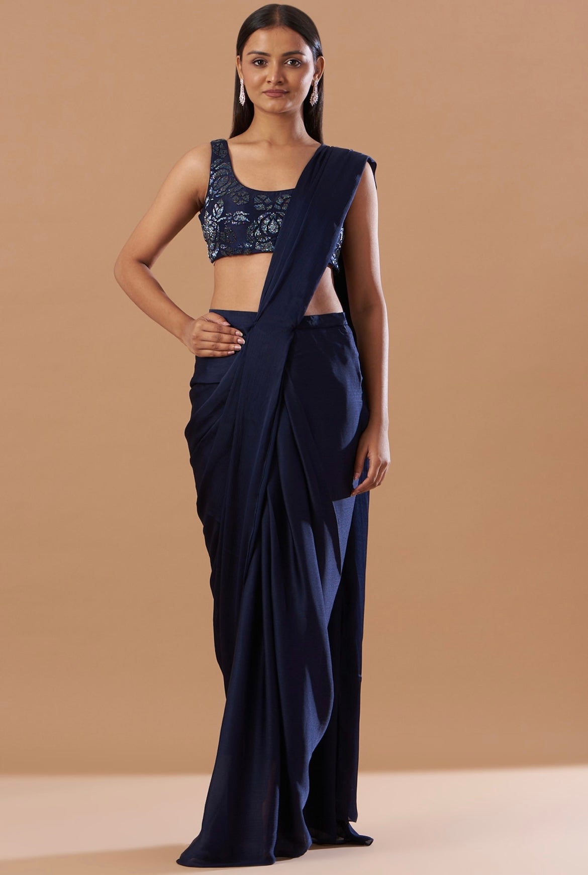 Berry blue pre-draped stitched saree set