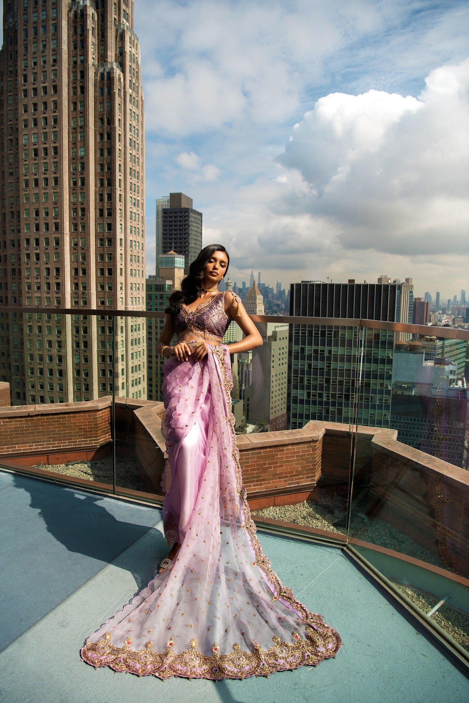 Lavendar hand embroidered pure organza saree