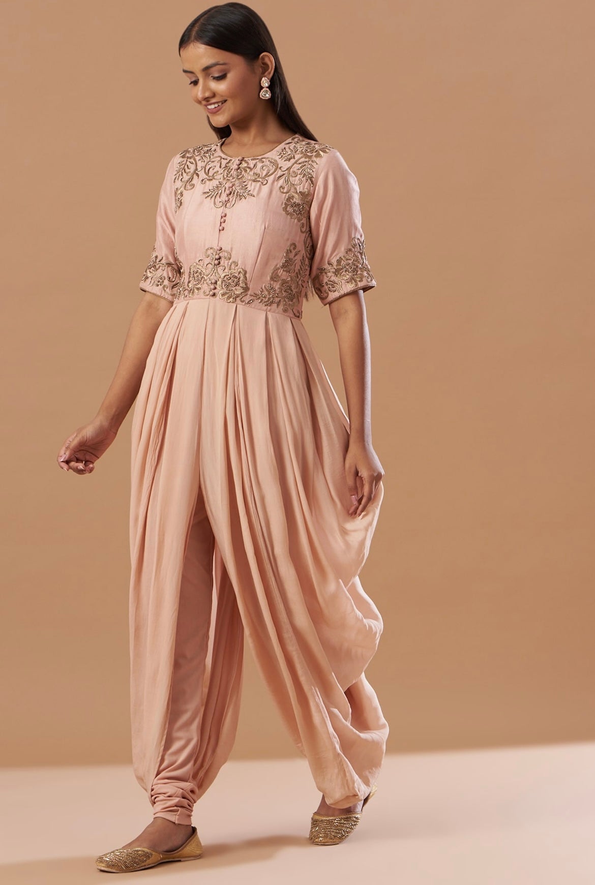 Blush Pink embroidered draped Jumpsuit with churidar