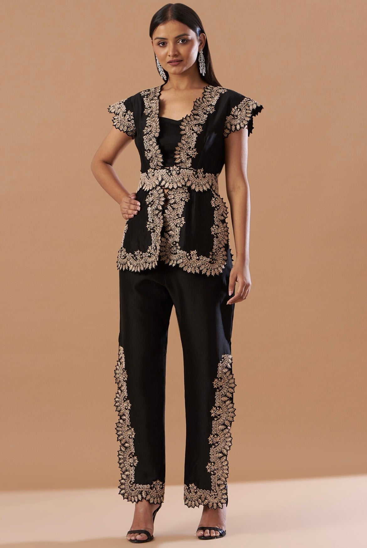 Midnight Black Silk chanderi embroidered jacket pant set