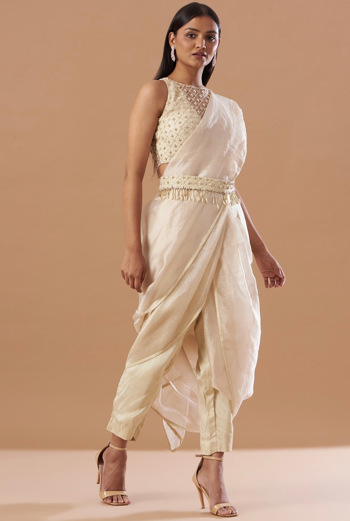 Champagne pre-Draped saree set with belt