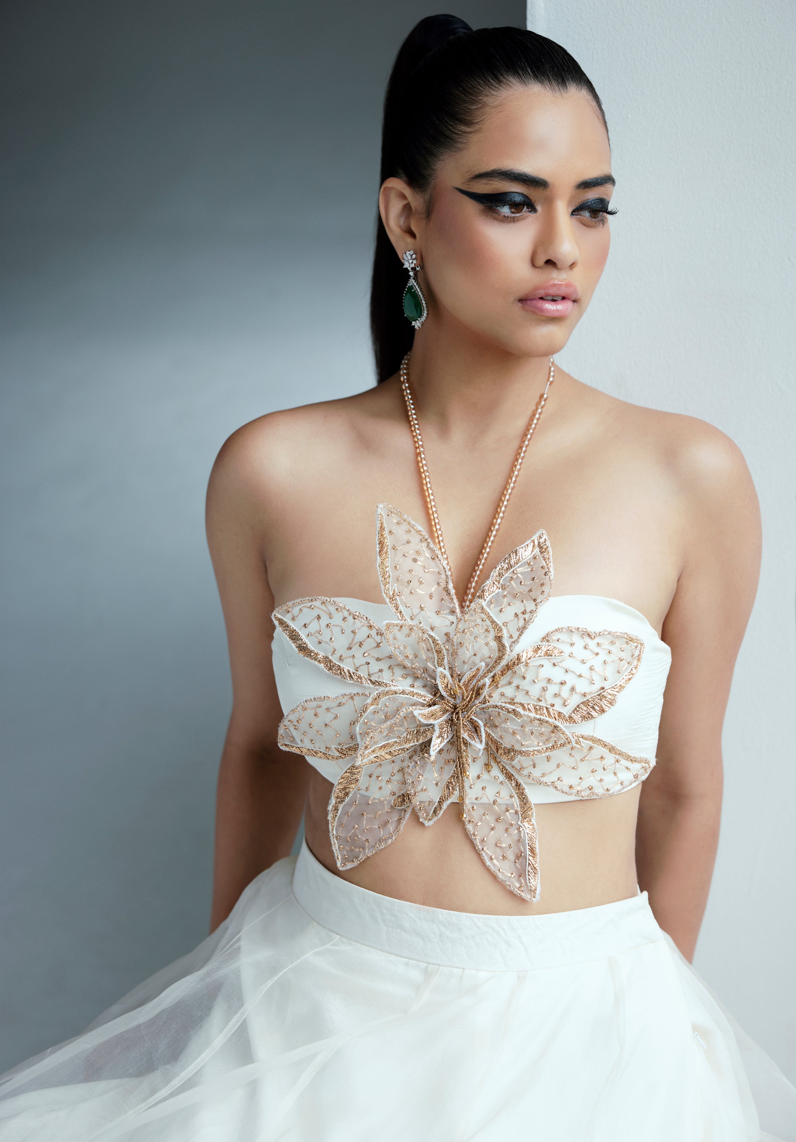 Shell White Floral Motifs Lehenga