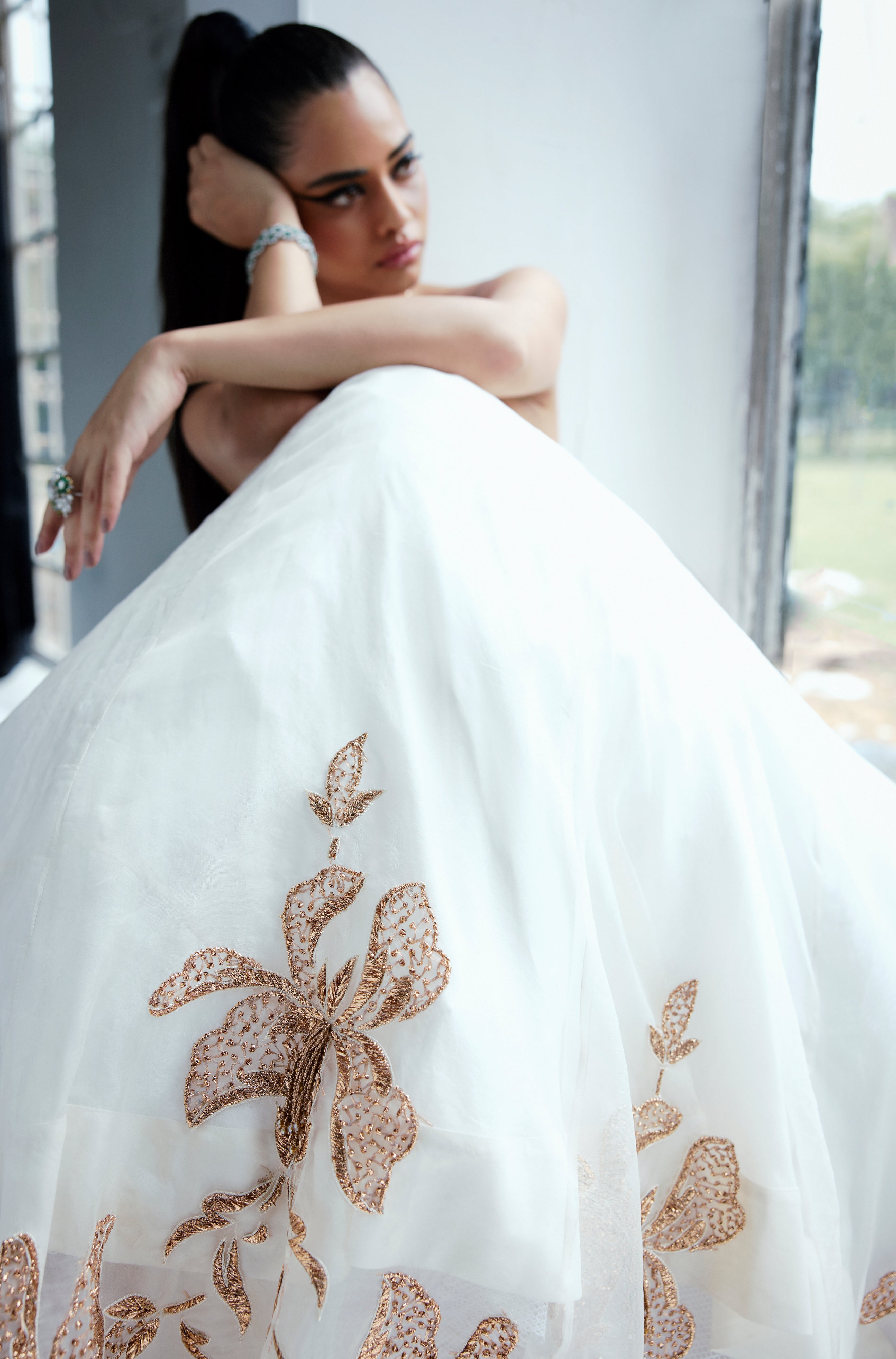 Shell White Floral Motifs Lehenga