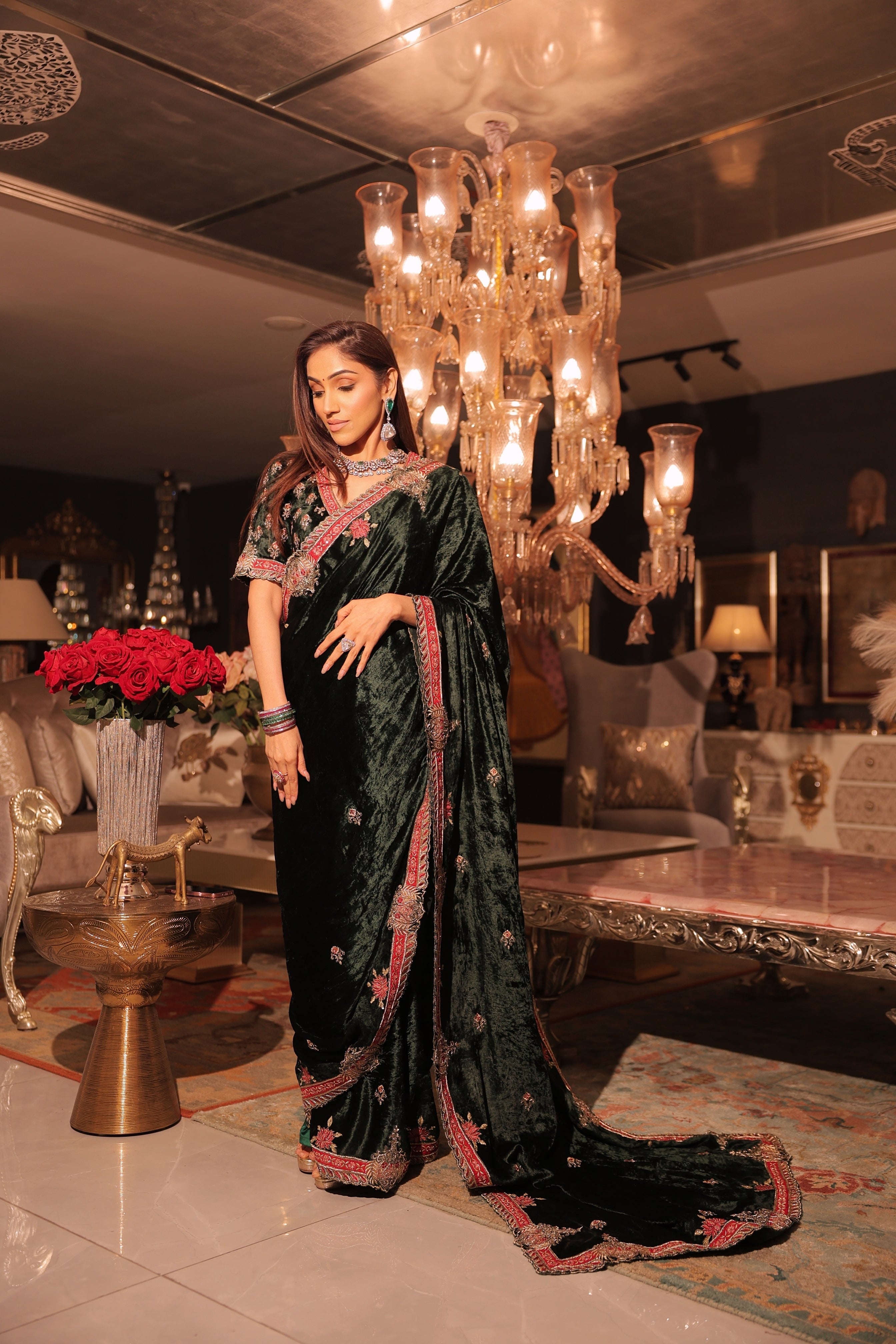 Bottle green velvet saree set