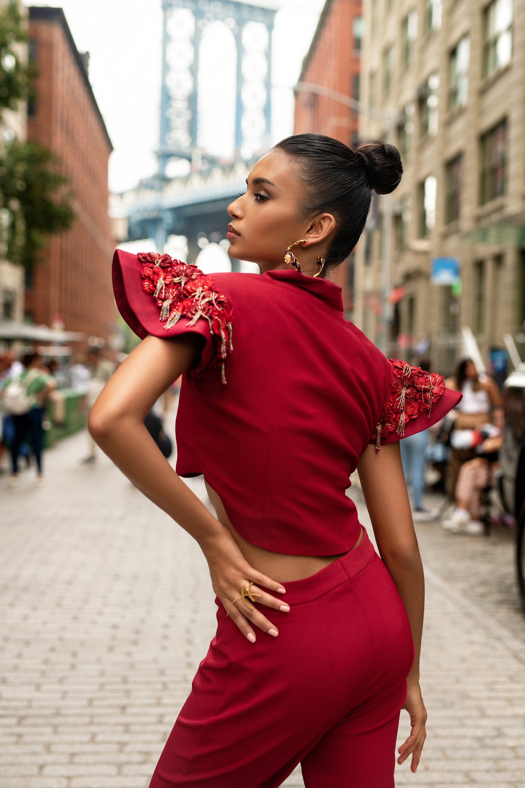 Ruby red embroidered power shoulders crop jacket set