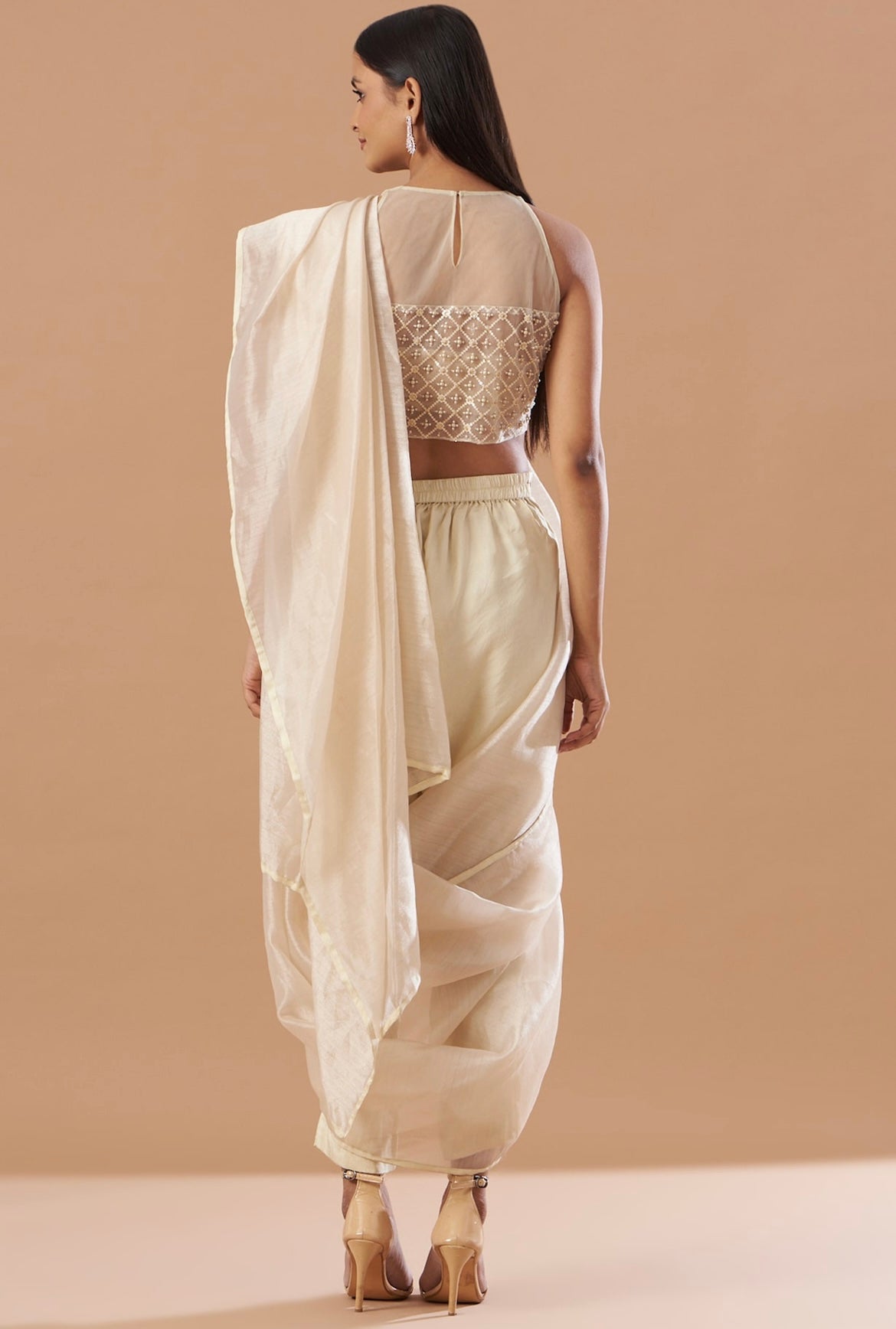 Champagne pre-Draped saree set with belt