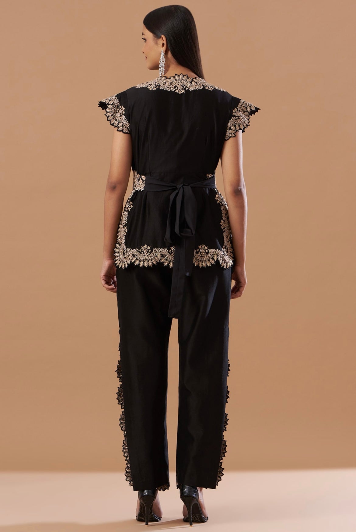 Midnight Black Silk chanderi embroidered jacket pant set