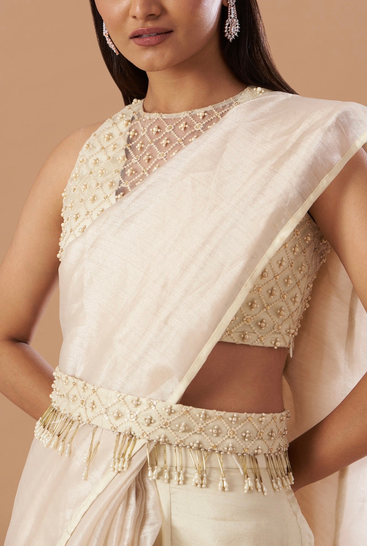 Champagne pre-Draped saree set with belt