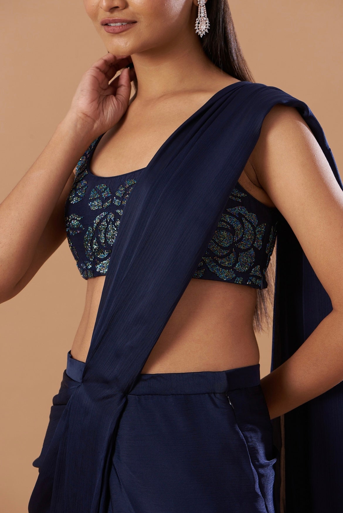 Berry blue pre-draped stitched saree set