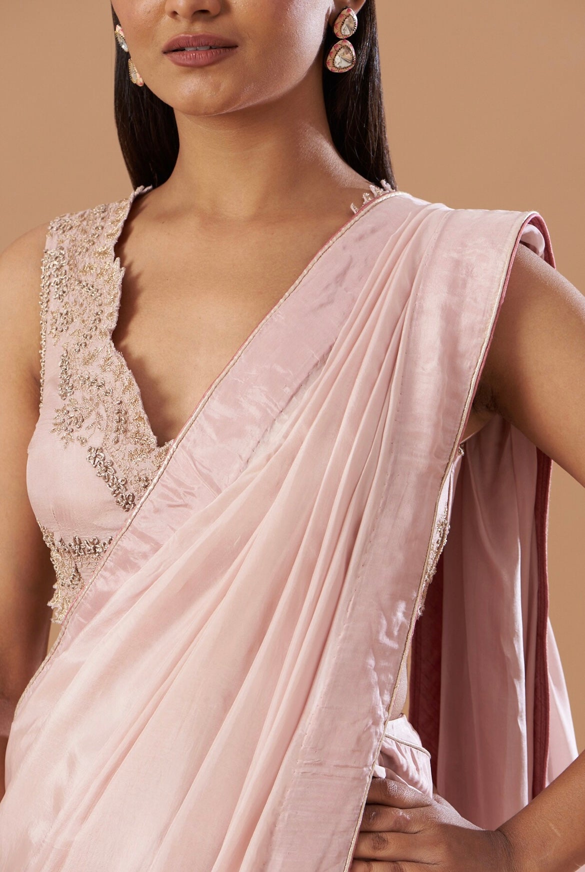 Blush pink Pure silk saree with embroidered blouse