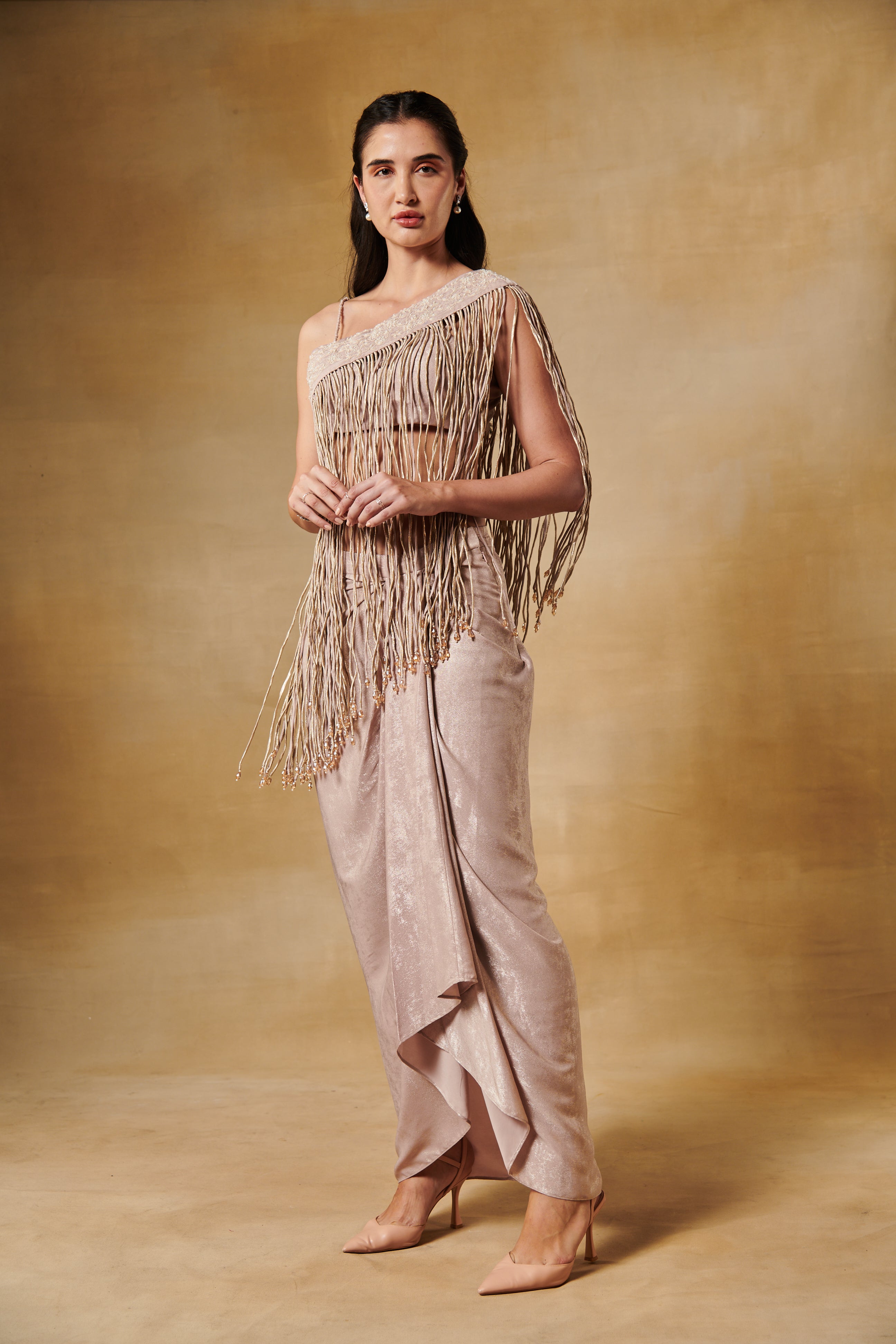 Blush foil texture drape skirt set with long tassel one shoulder cape