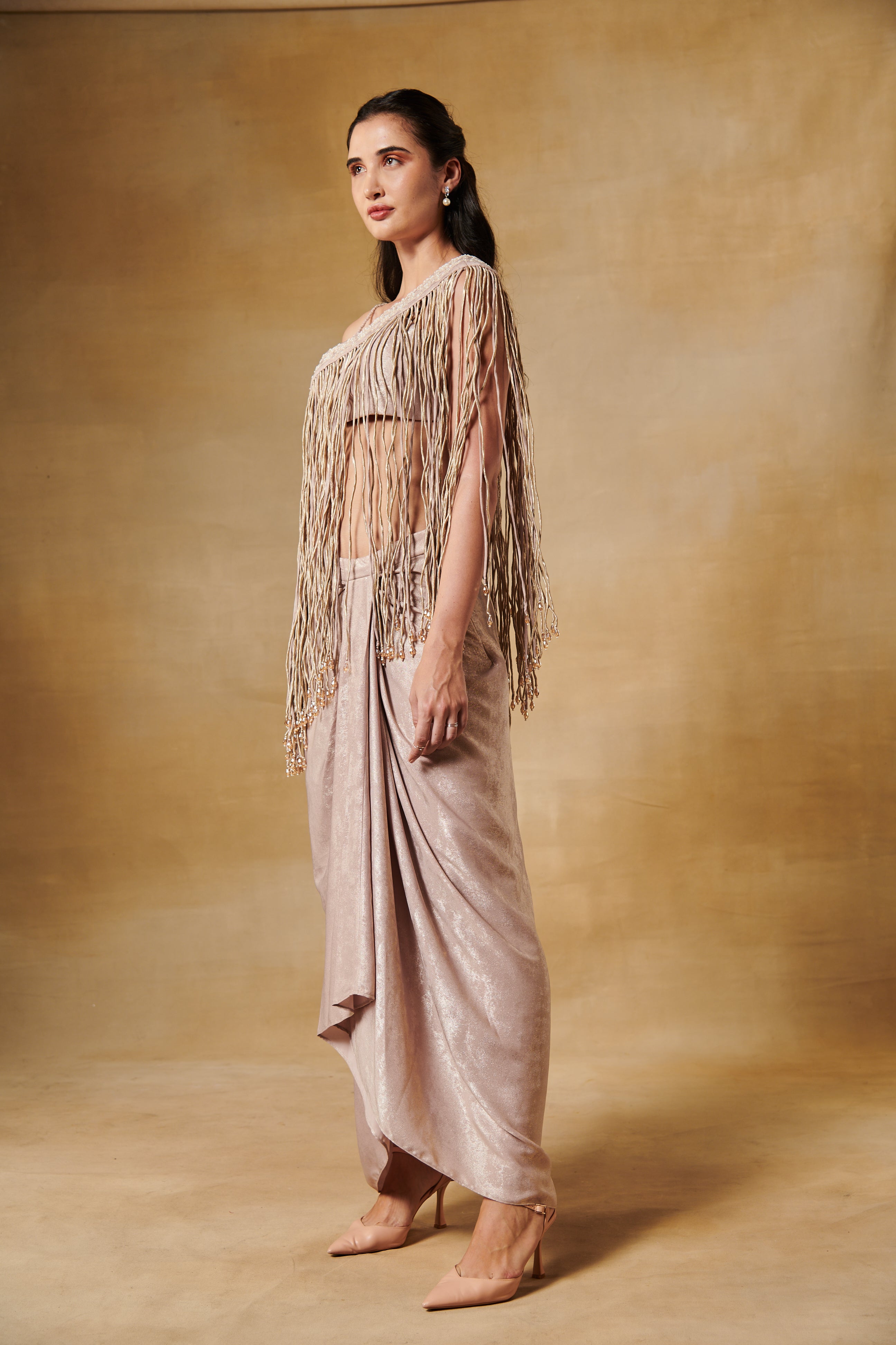 Blush foil texture drape skirt set with long tassel one shoulder cape