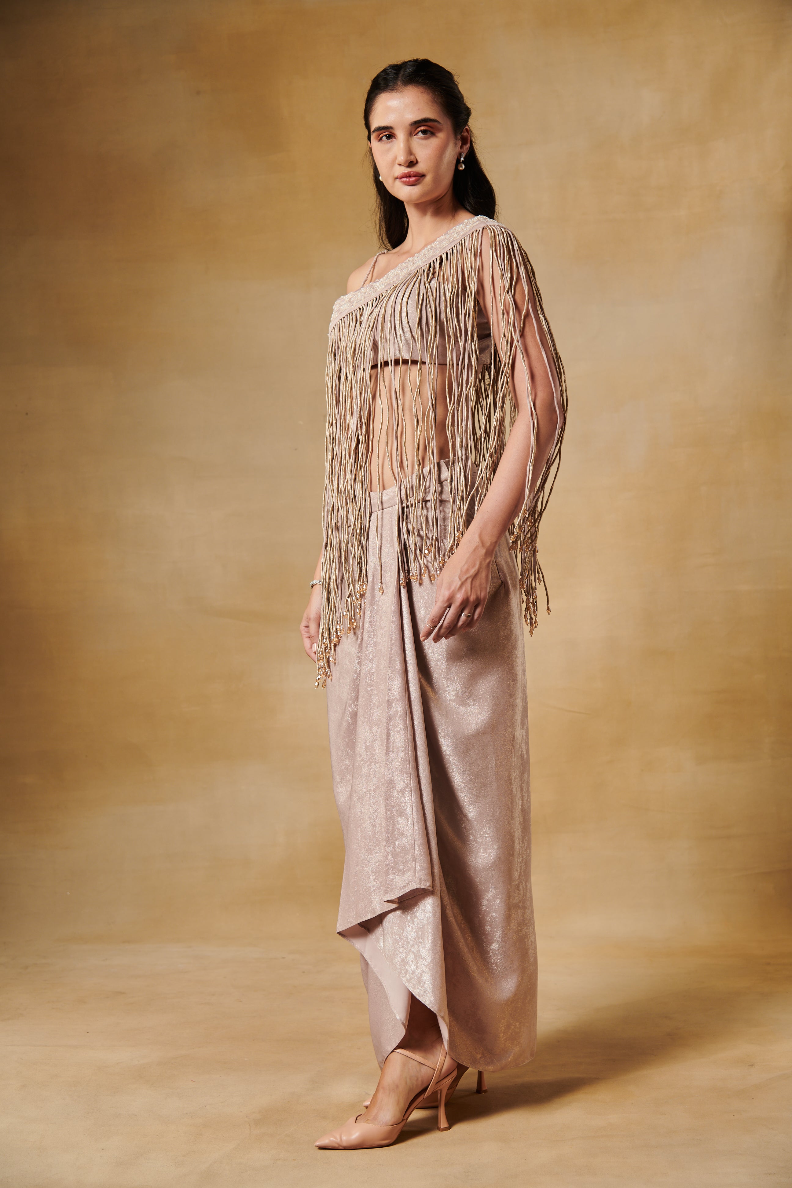 Blush foil texture drape skirt set with long tassel one shoulder cape