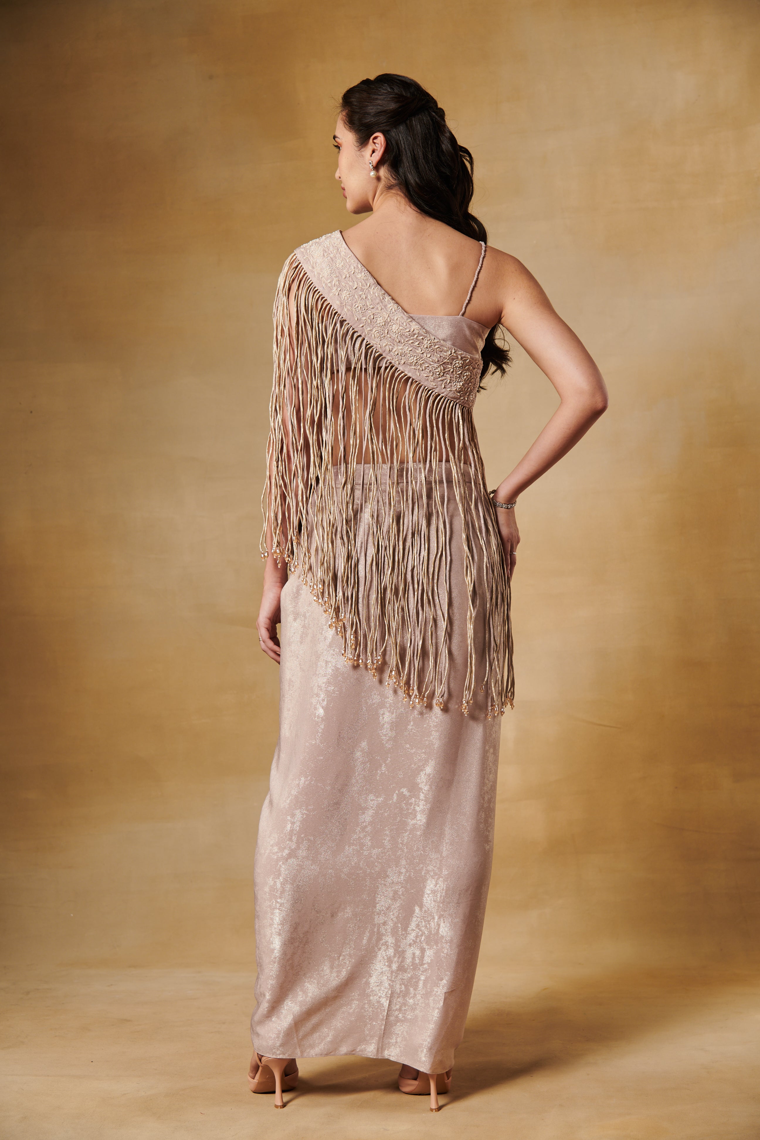 Blush foil texture drape skirt set with long tassel one shoulder cape