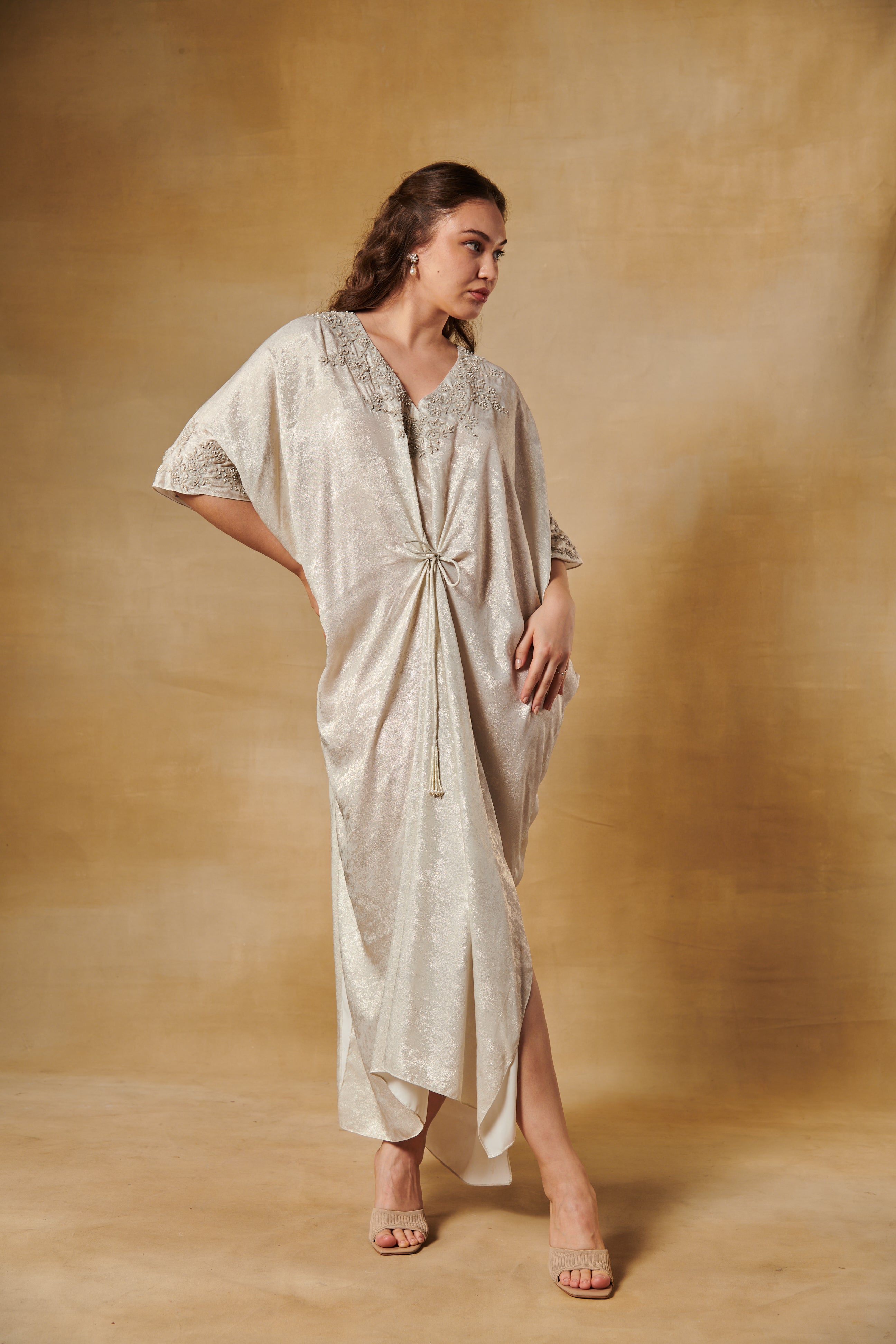 pearl white foil texture drape kaftan