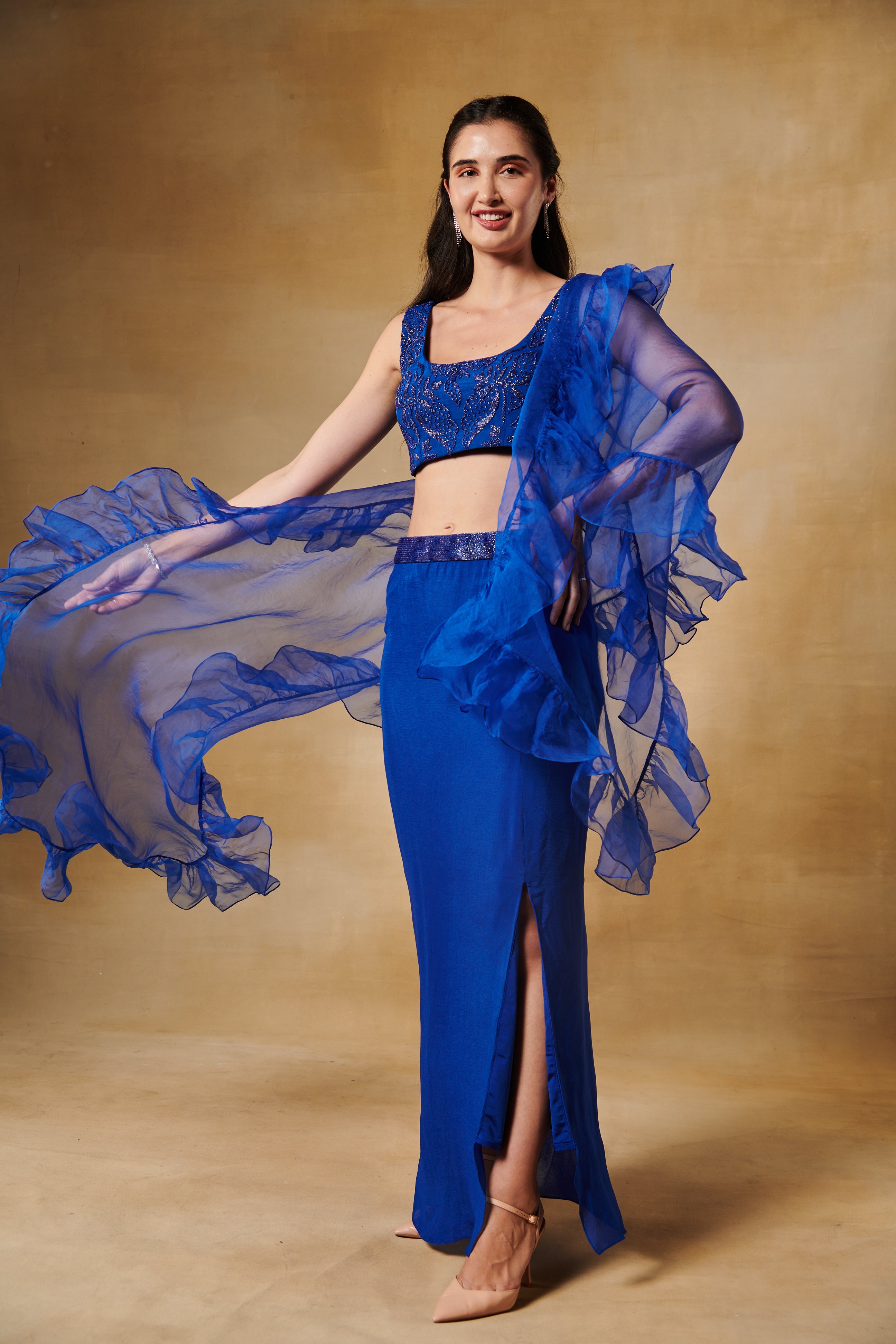 Electric blue beaded blouse with slit skirt & ruffle stole