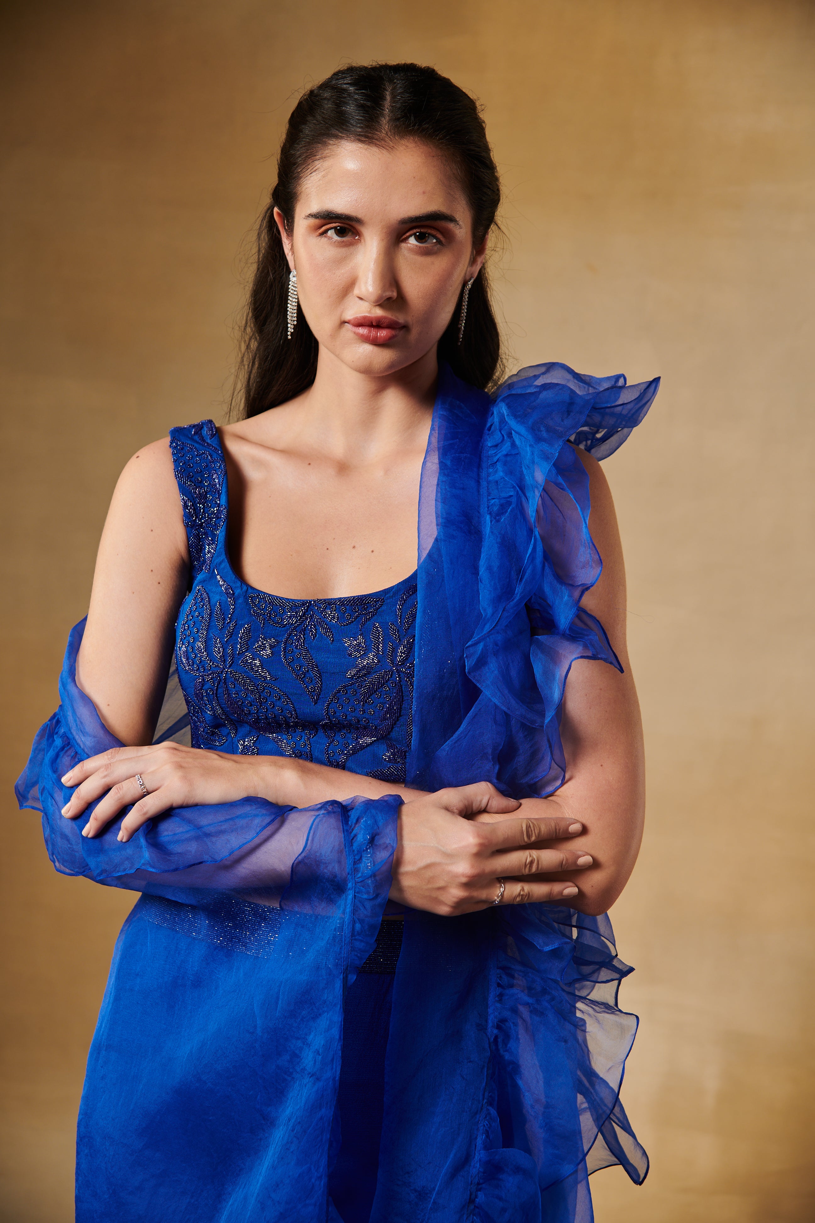 Electric blue beaded blouse with slit skirt & ruffle stole