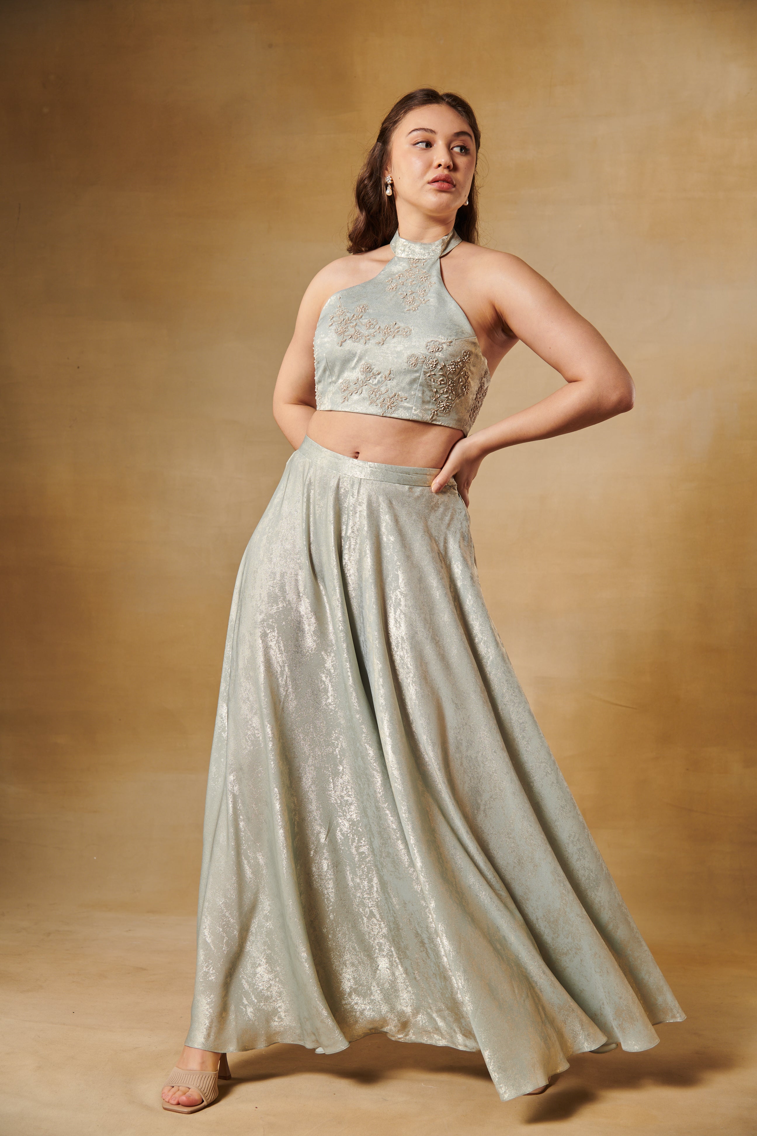 Mint green foil texture Co-ord set with hi-waisted wide leg pants.