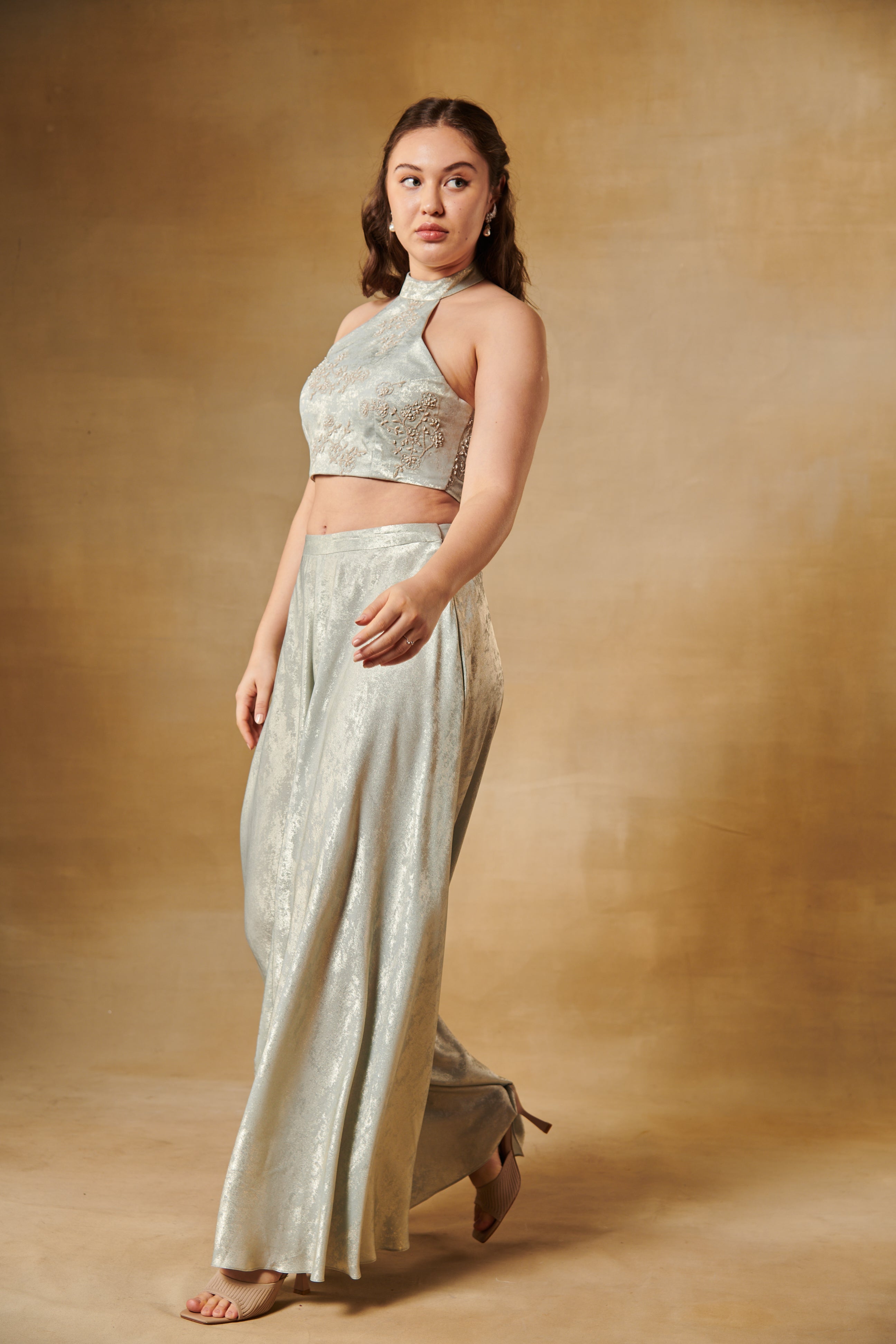 Mint green foil texture Co-ord set with hi-waisted wide leg pants.