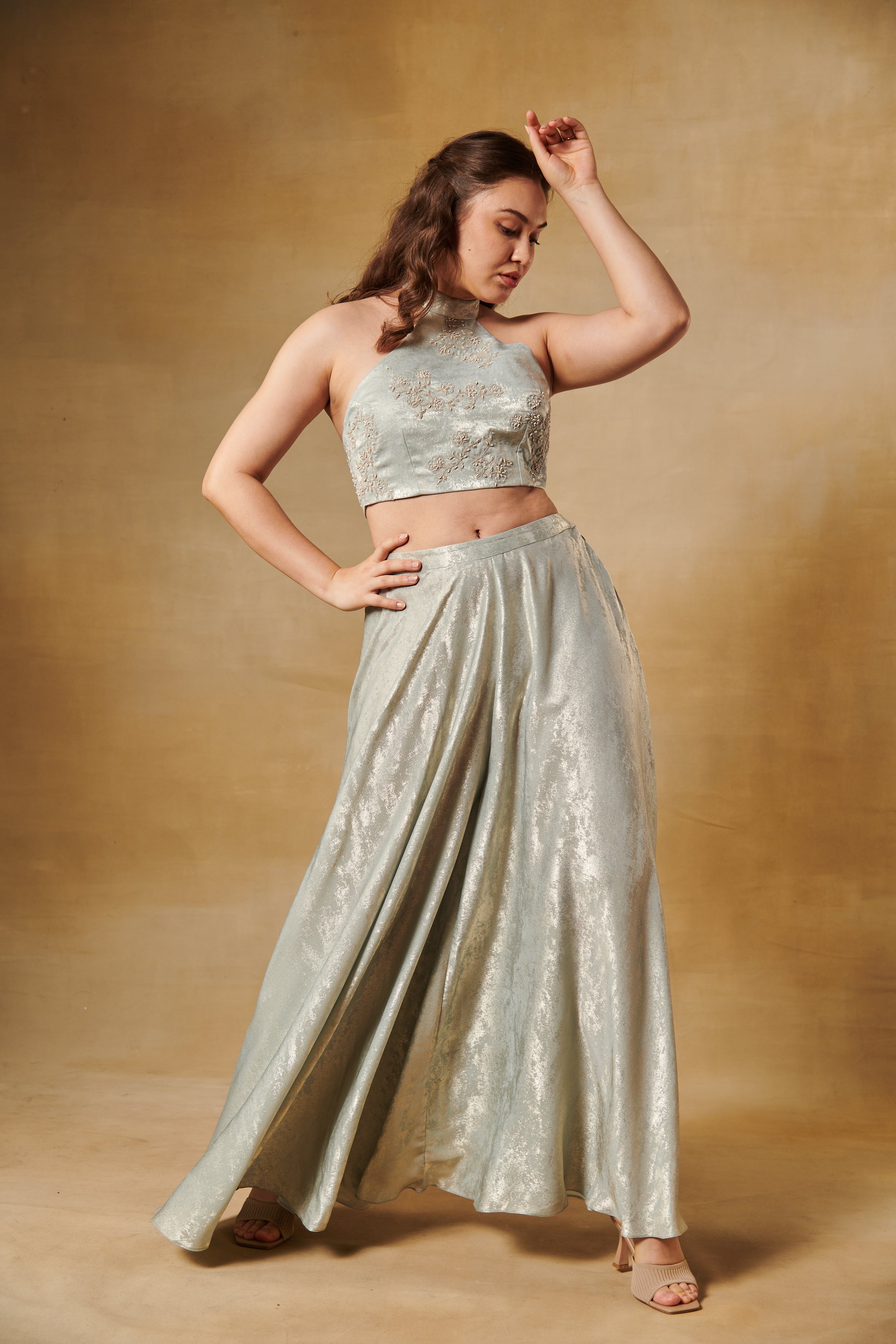 pearl beaded blouse & champagne lehenga set