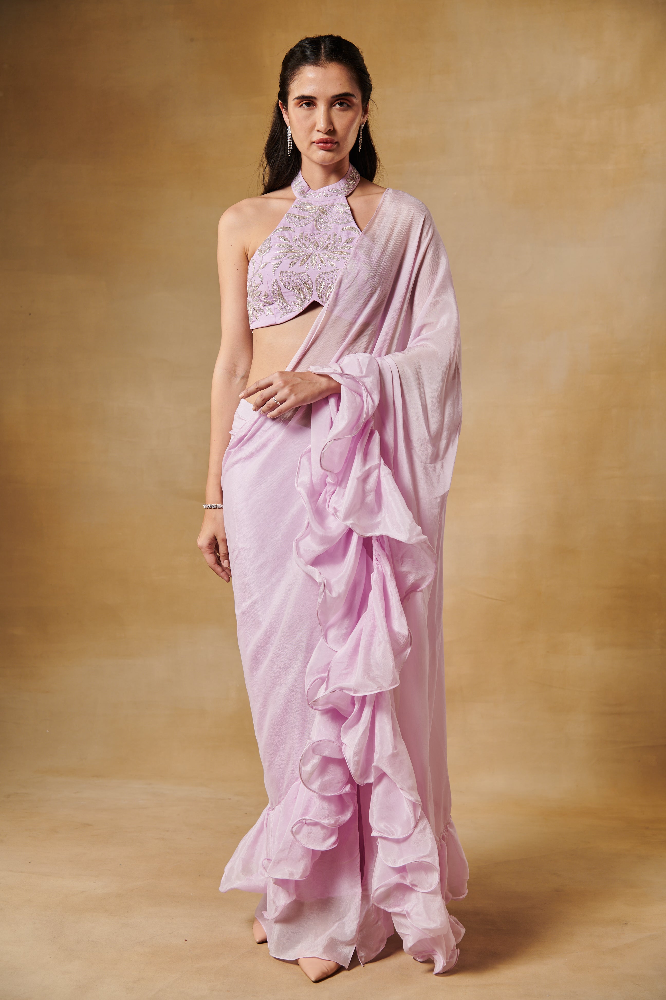 Blush lavender ruffle saree with haulter beaded blouse