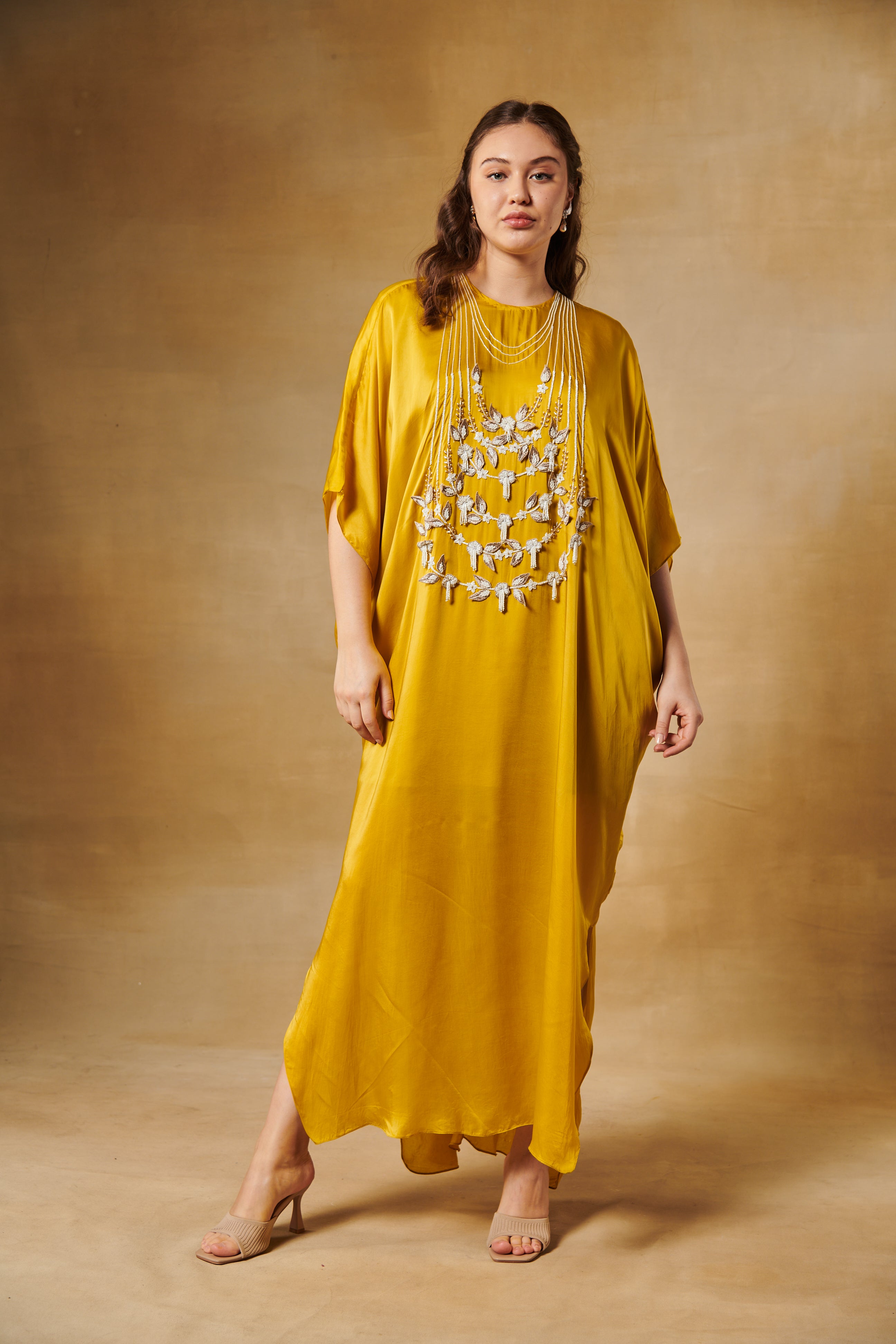 Mustard yellow 3D floral pearls & zari embroidery kaftaan