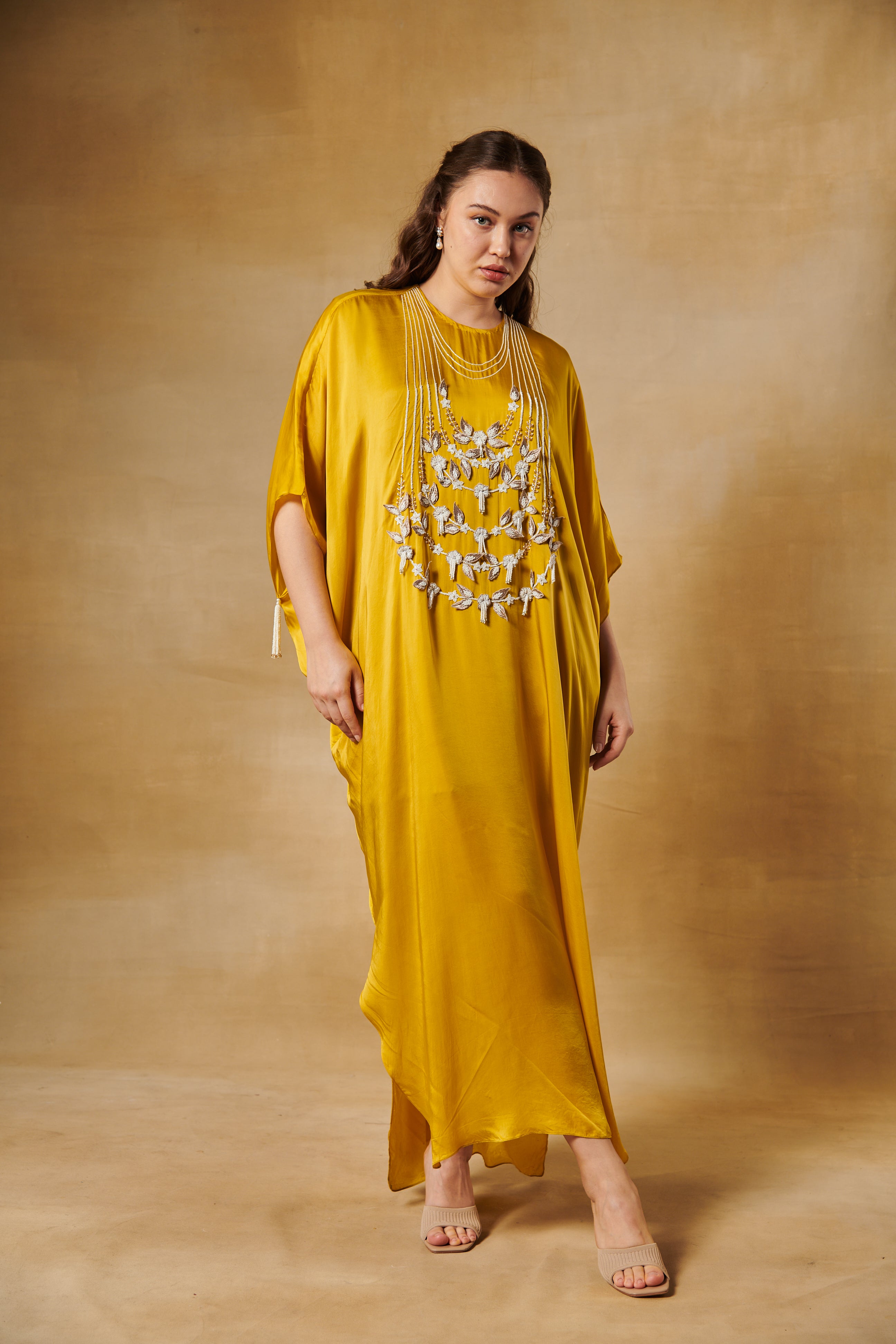 Mustard yellow 3D floral pearls & zari embroidery kaftaan