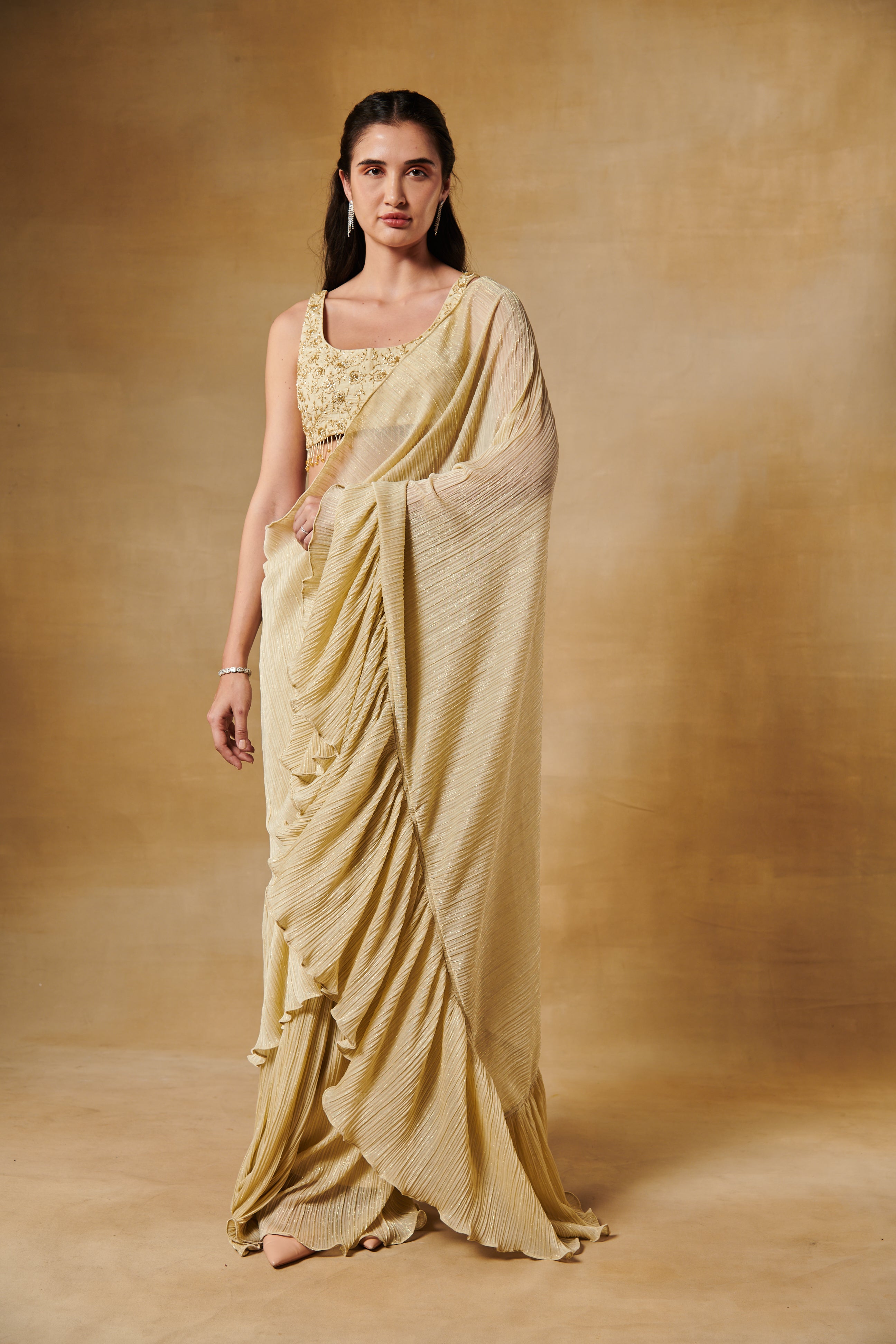 Light gold beaded embroidery ruffle saree