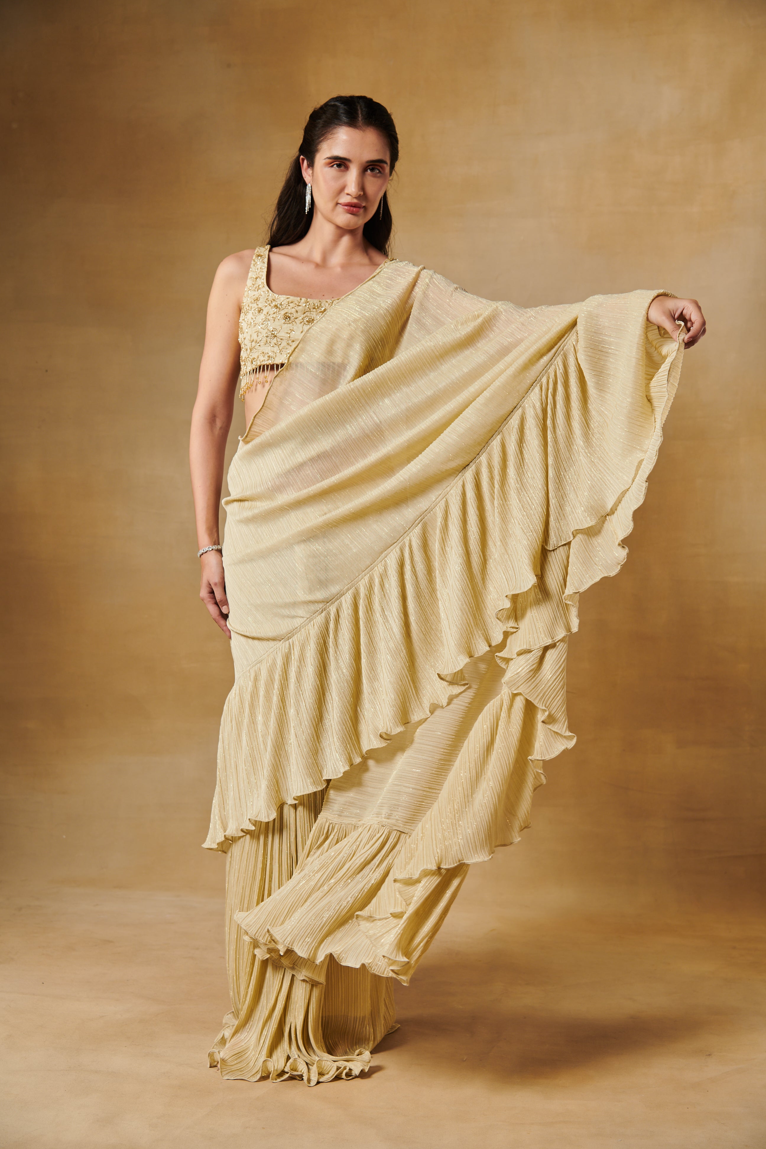 Light gold beaded embroidery ruffle saree