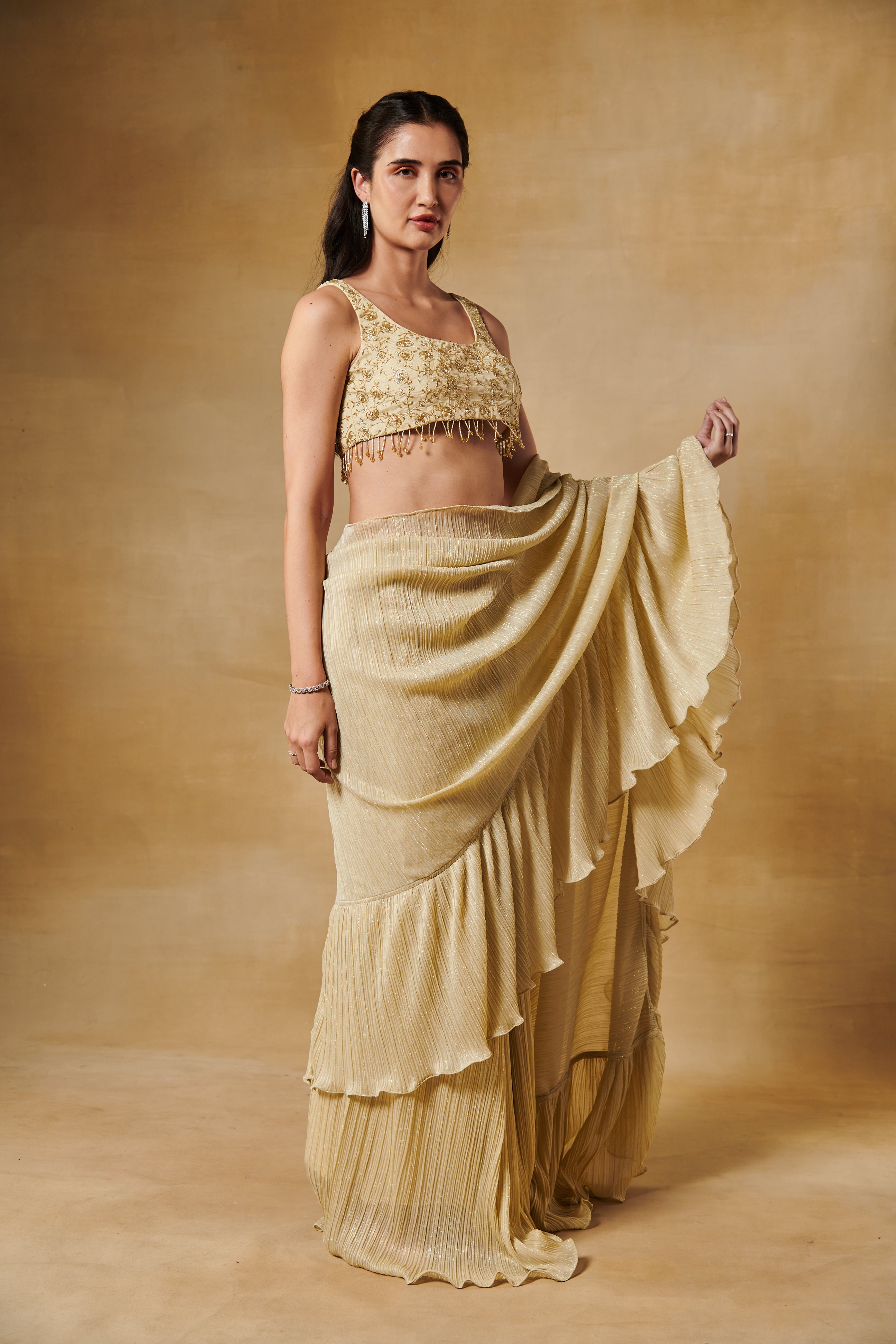 Light gold beaded embroidery ruffle saree