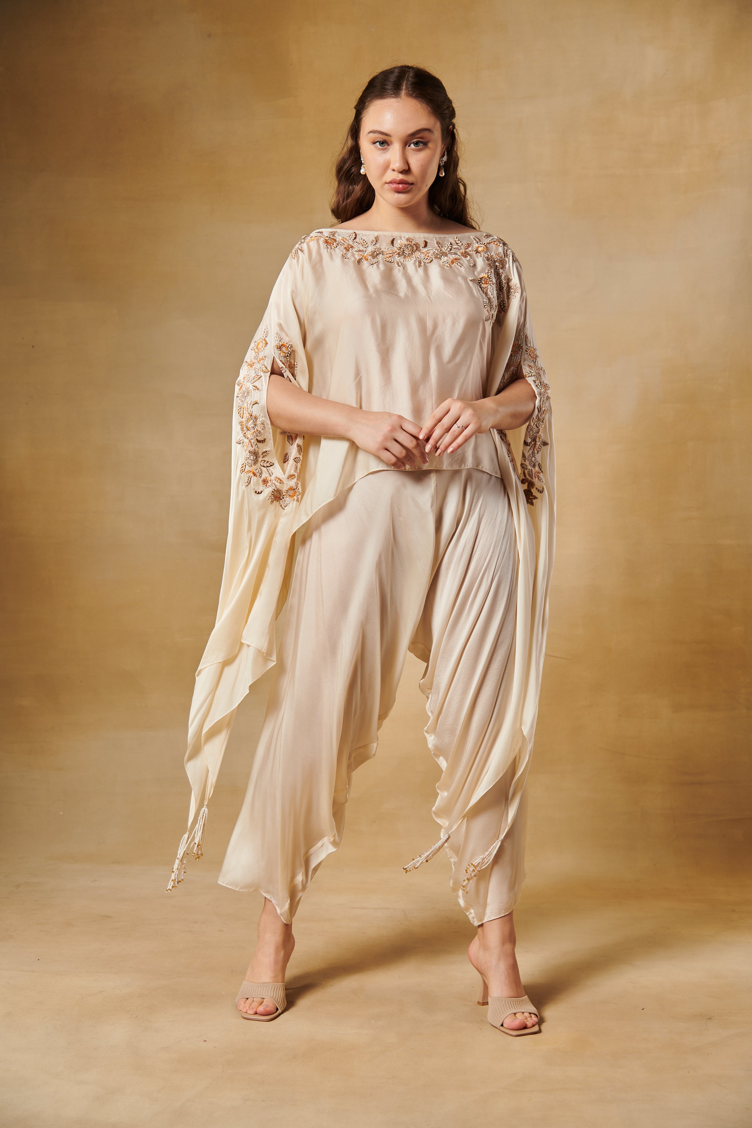 Cream white co-ord with draped pants