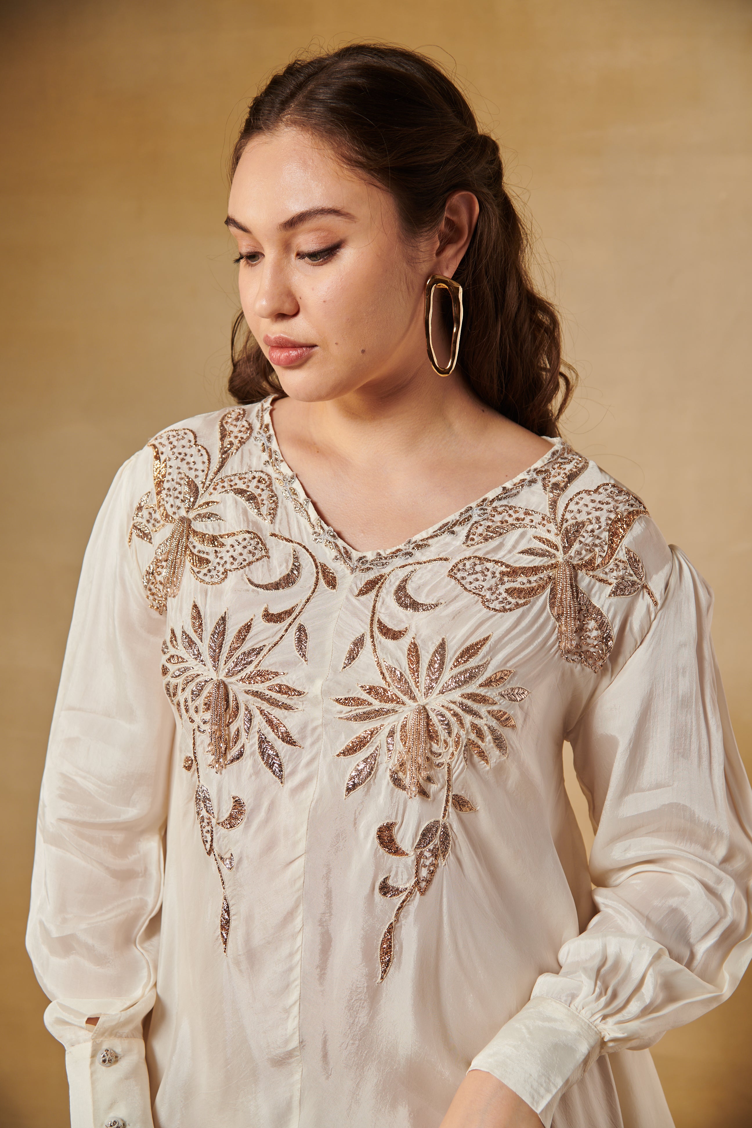 Ivory drape long tunic with gold floral motifs