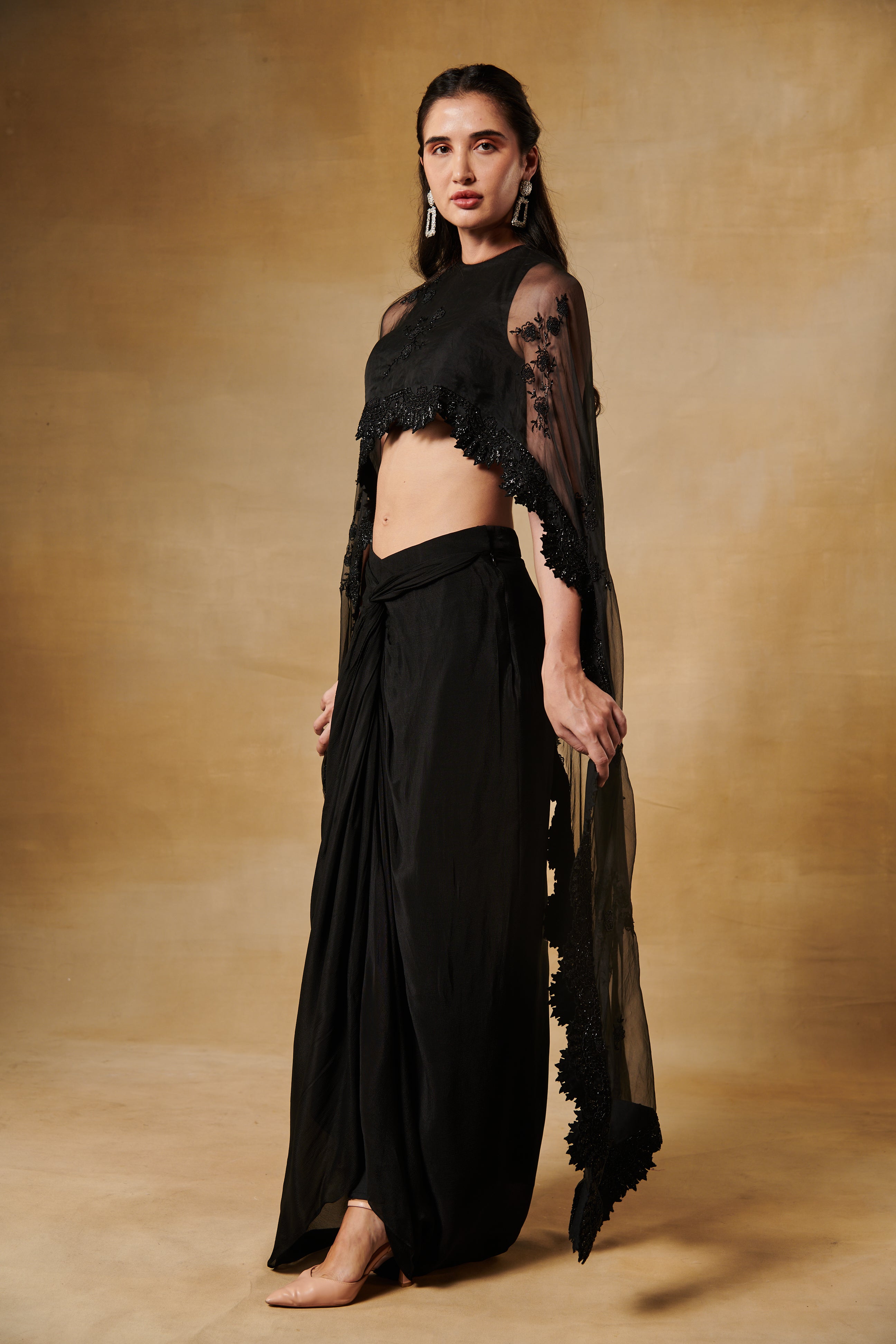 Midnight black thread and bead work cape blouse with drape skirt