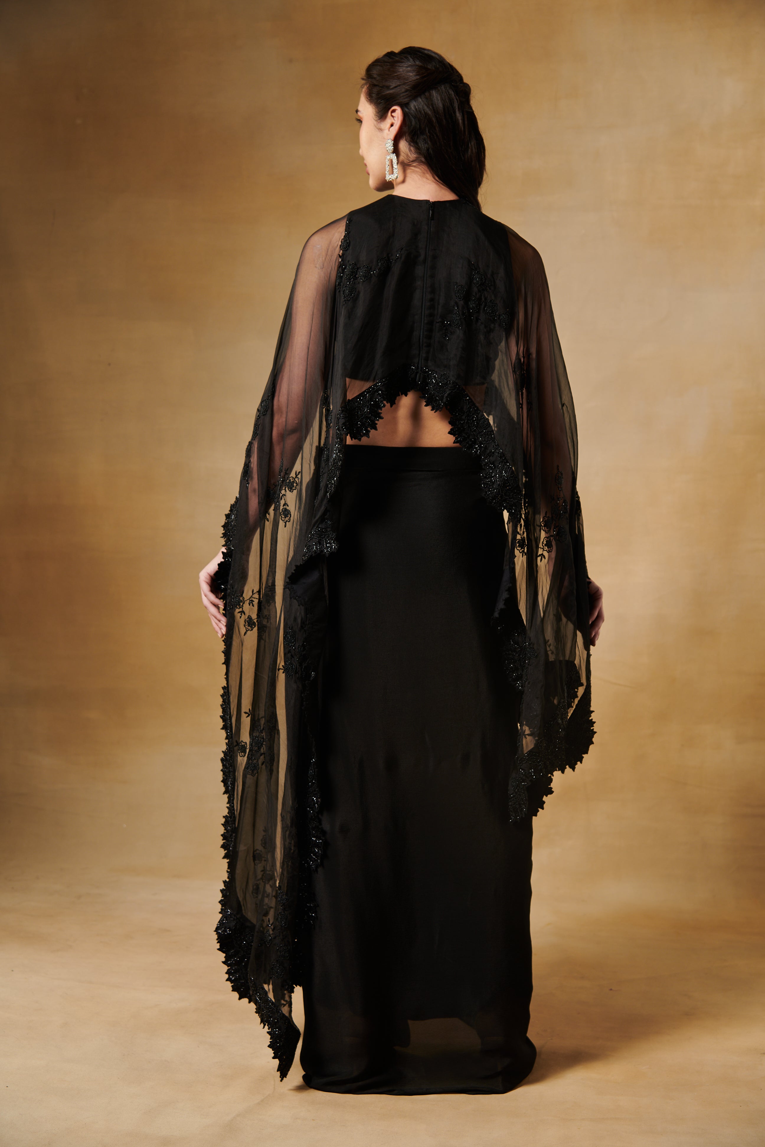 Midnight black thread and bead work cape blouse with drape skirt